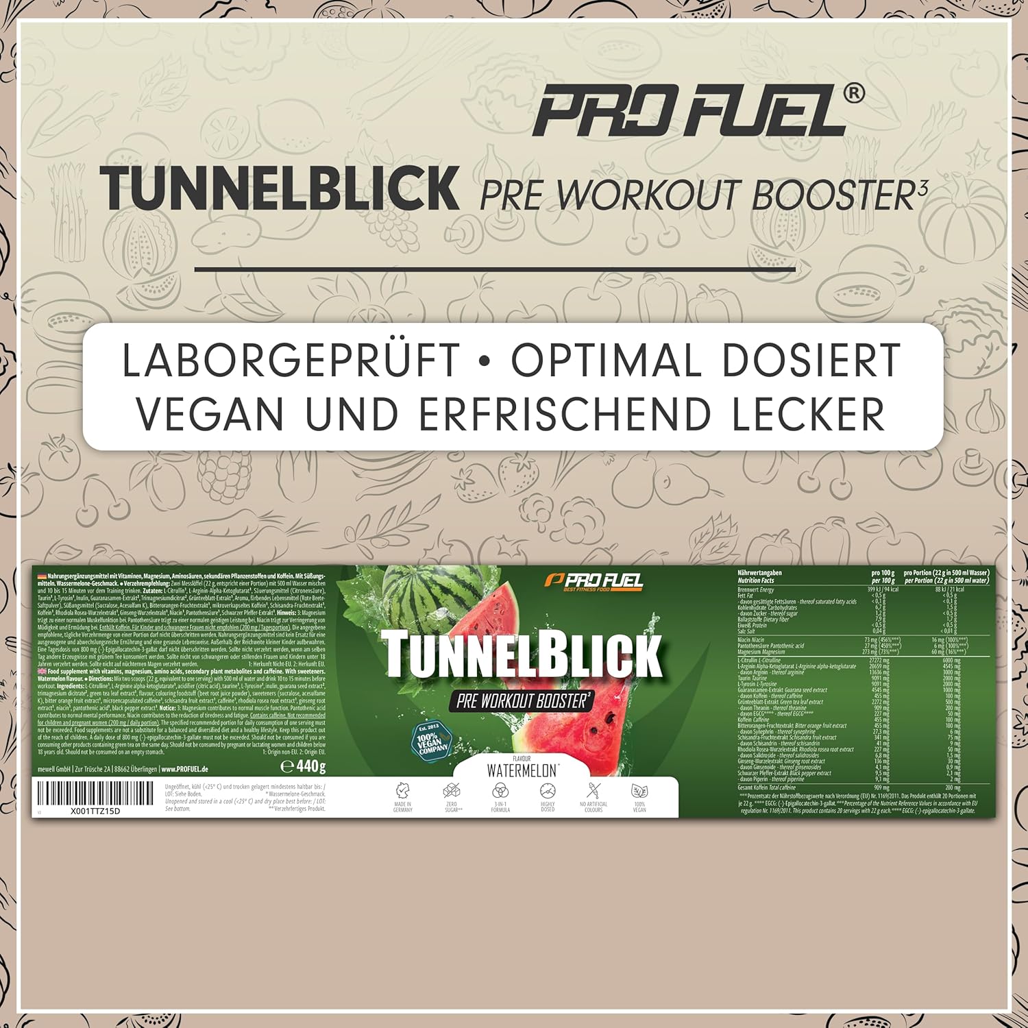 Thumbnail 5 de Pre-Workout-Booster³ WASSERMELONE 440 g von TUNNELBLICK mit Citrullin, Arginin, Taurin, Koffein, Guarana & Magnesium (vegan)