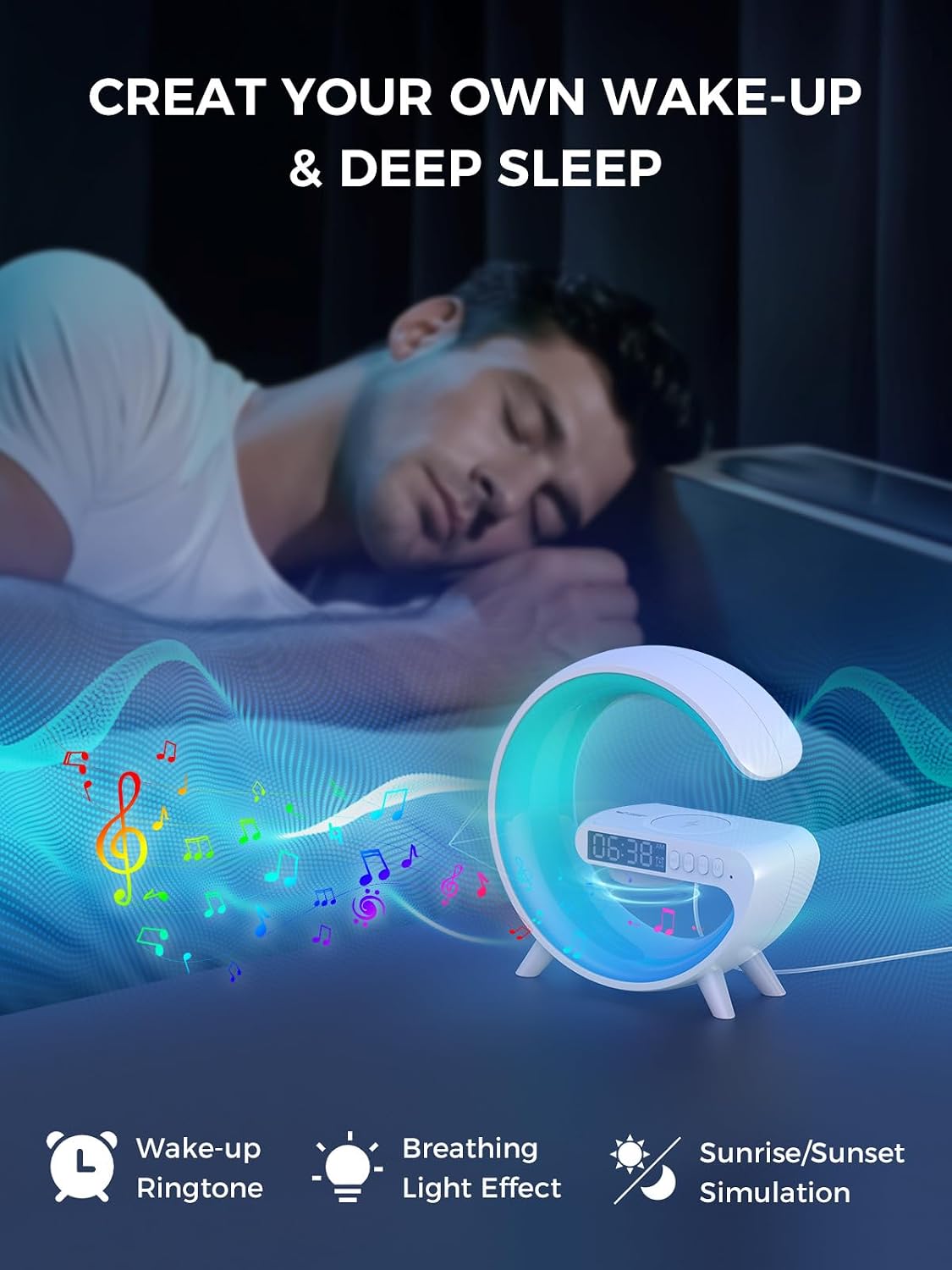 Detalle de Smiling Shark Lampes de Réveil intelligentes : ambiance lumineuse, charge sans fil et haut-parleur Bluetooth
