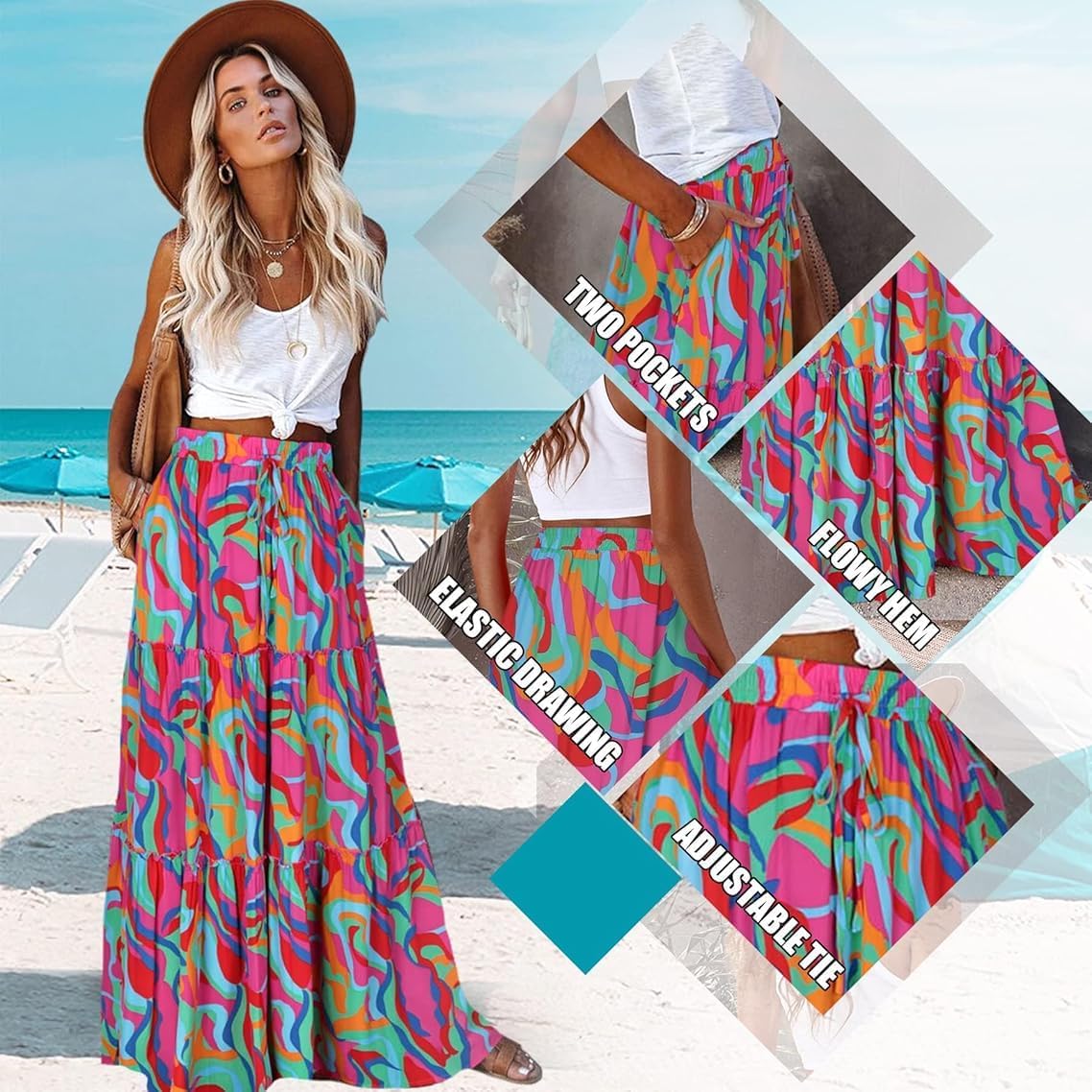 Thumbnail 5 de EARKOHA Women’s Boho Maxi Skirt 2026 Summer – High-Waist, Flowy with Pockets