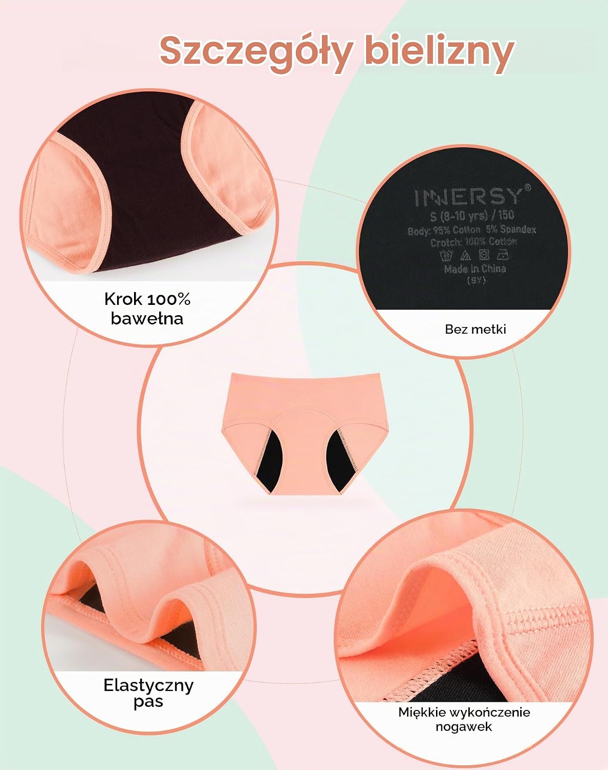 Thumbnail 3 de INNERSY – dziewczęce majtki menstruacyjne z bawełny, 3 szt., na lekkie krwawienie