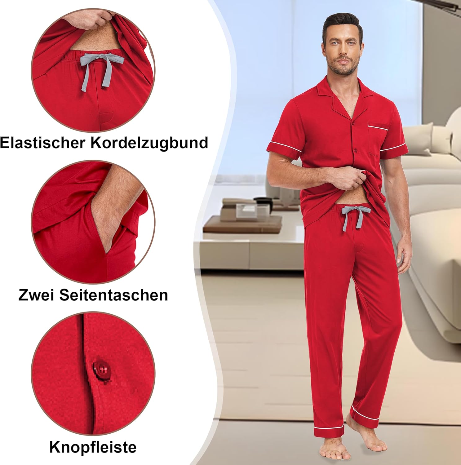 Thumbnail 4 de EA'S SECRET Schlafanzug-Set aus 100% Baumwolle für Herren – Kurzarm & Langhose
