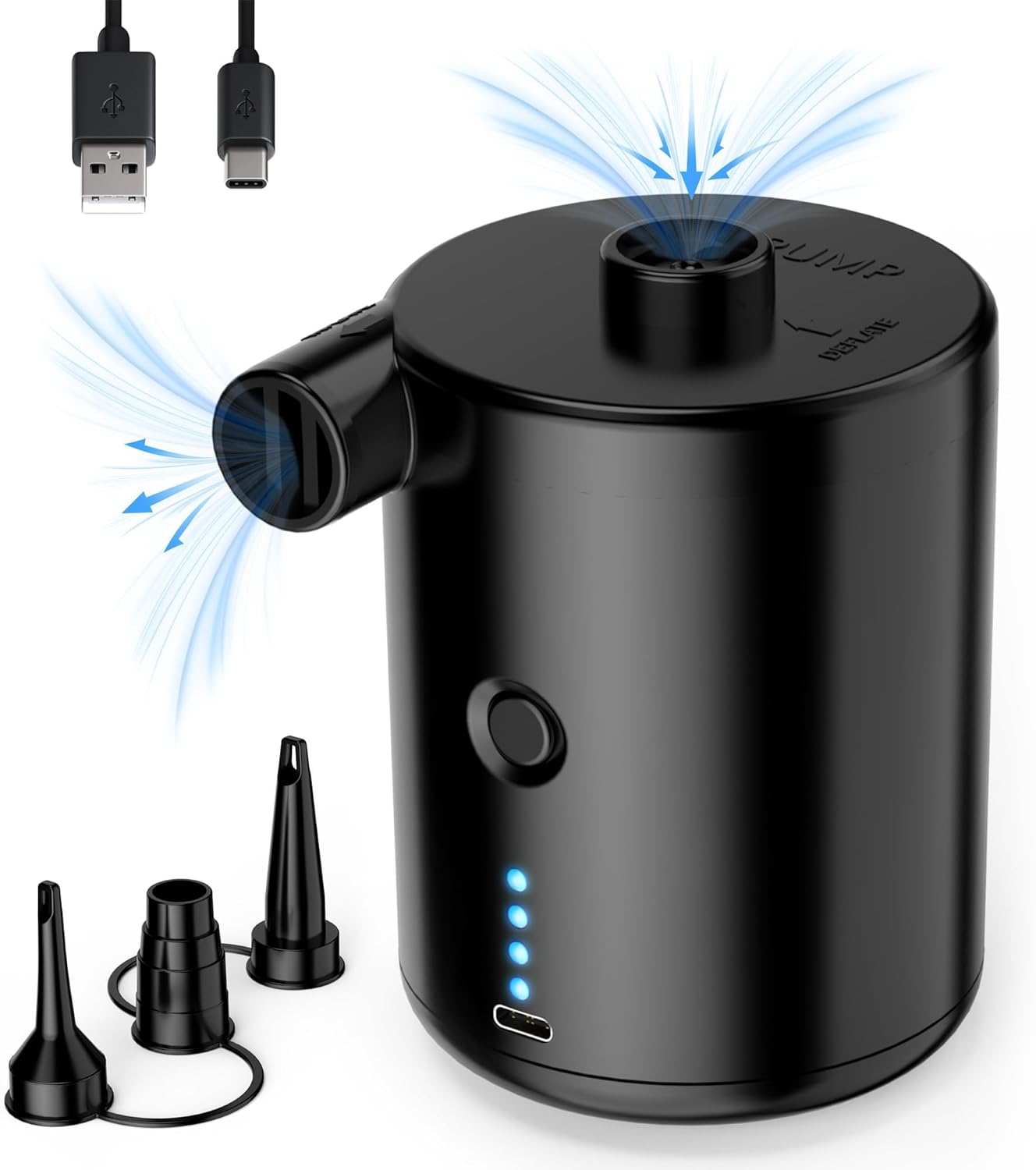 TECHSHARE Elektrische Luftpumpe mit 4000mAh Akku – 50 W, 4 Düsen, USB-Aufladung