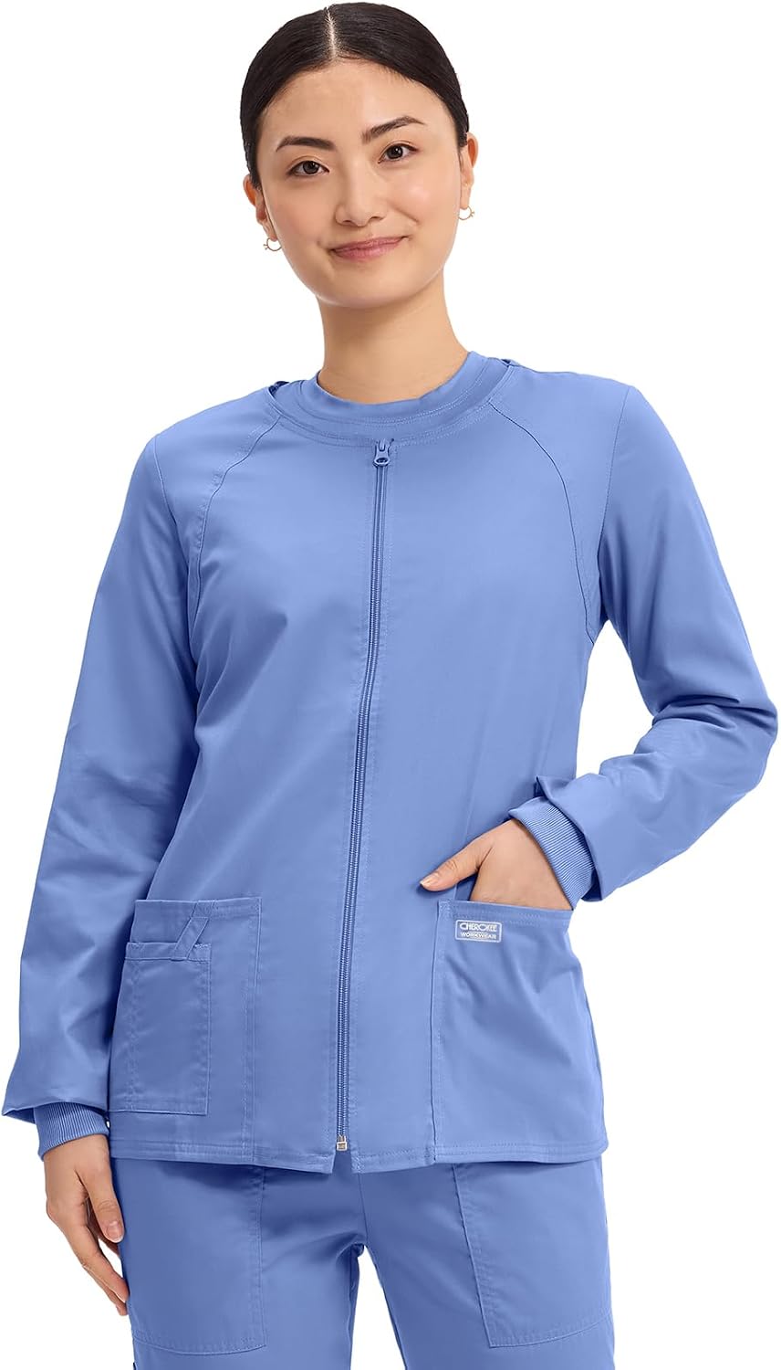 Detalle de Cherokee 4315 Women's Zip-Front Scrub Jacket, 3 Pockets, Two-Way Stretch Brushed Twill