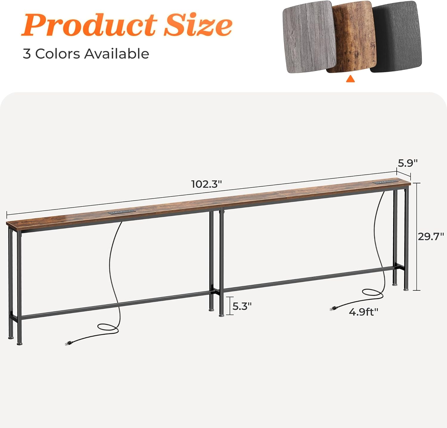 Detalle de SUPERJARE 102-Inch Sofa Table with Power Outlets and USB-C Ports (5.9-Inch Narrow Console)