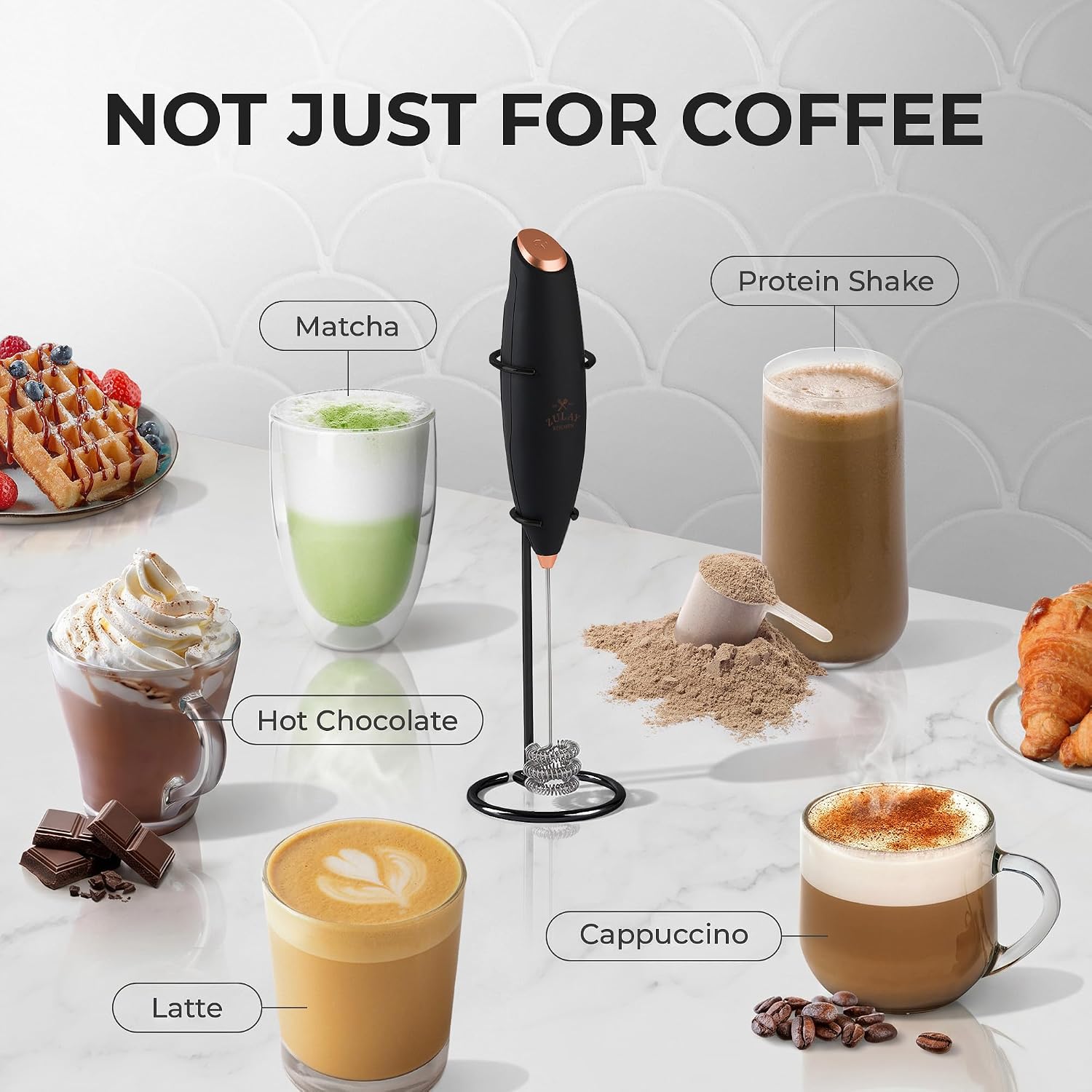 Detalle de Zulay Kitchen Tornado Whisk Handheld Milk Frother (Duracell AA Batteries Included) with Stand
