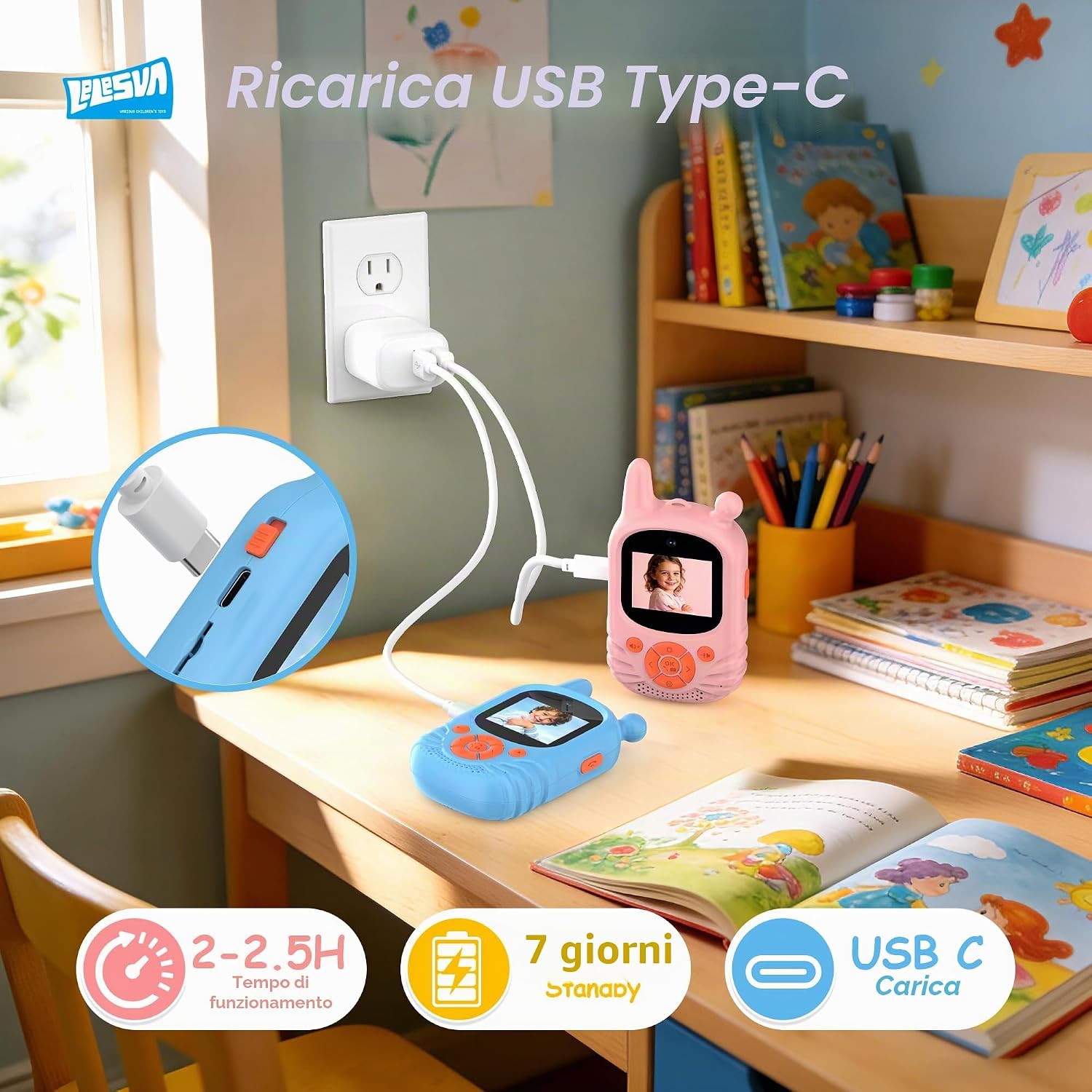 Detalle de Walkie Talkie video per bambini LELESUN – set da 2 con doppia fotocamera e ricaricabili