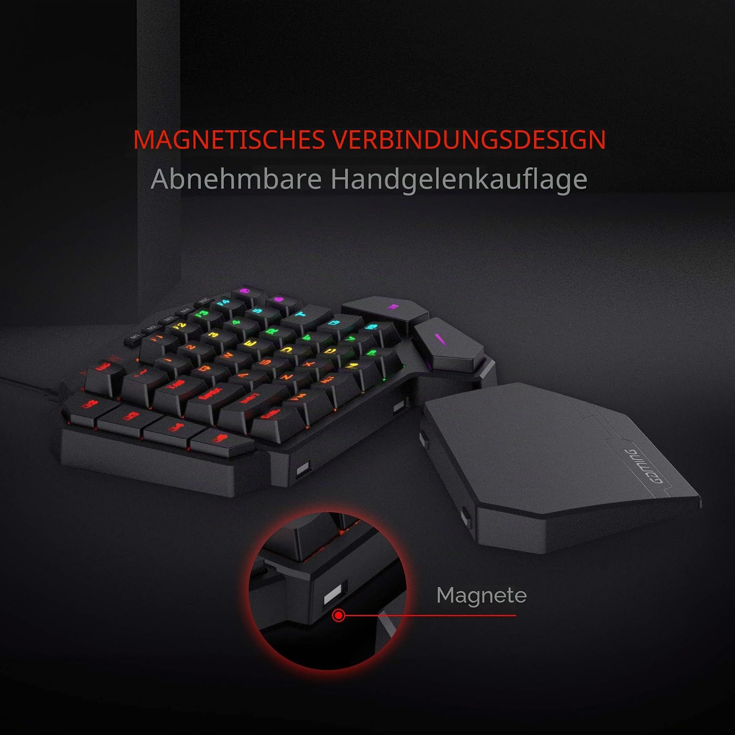 Detalle de Redragon K585 DITI Einhand RGB Mechanische Gaming-Tastatur (Braune Schalter, abnehmbare Handballenauflage, 42 Tasten)