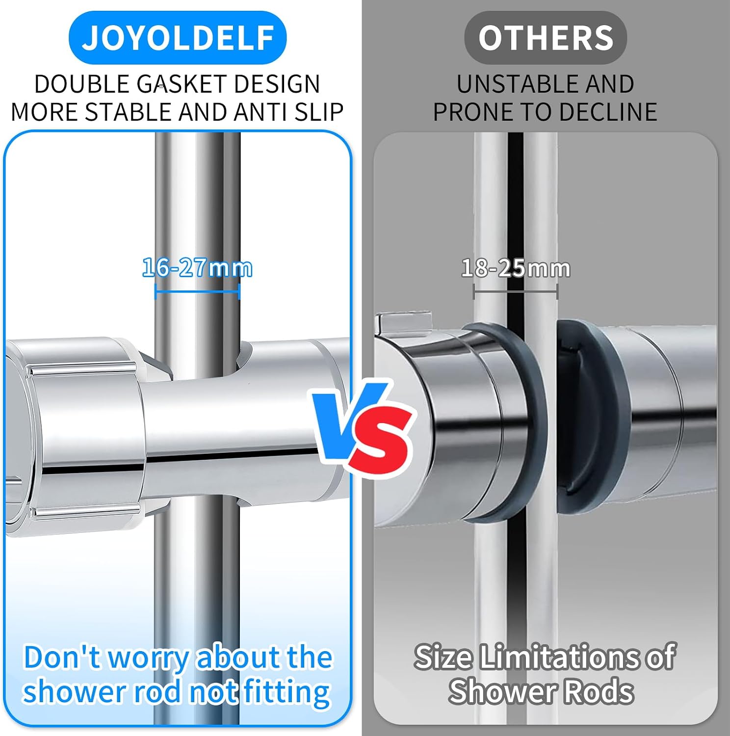 Detalle 2 de Joyoldelf Universal Handbrause Halterung – 16–27 mm Verstellbar, 360° Drehbar, ABS verchromt, mit Silikonkissen