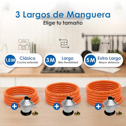 Detalle de Cia&Co Kit Regulador Gas Butano 30 mbar + Manguera 1,5 m + Abrazaderas (Classic - 1,5 m)