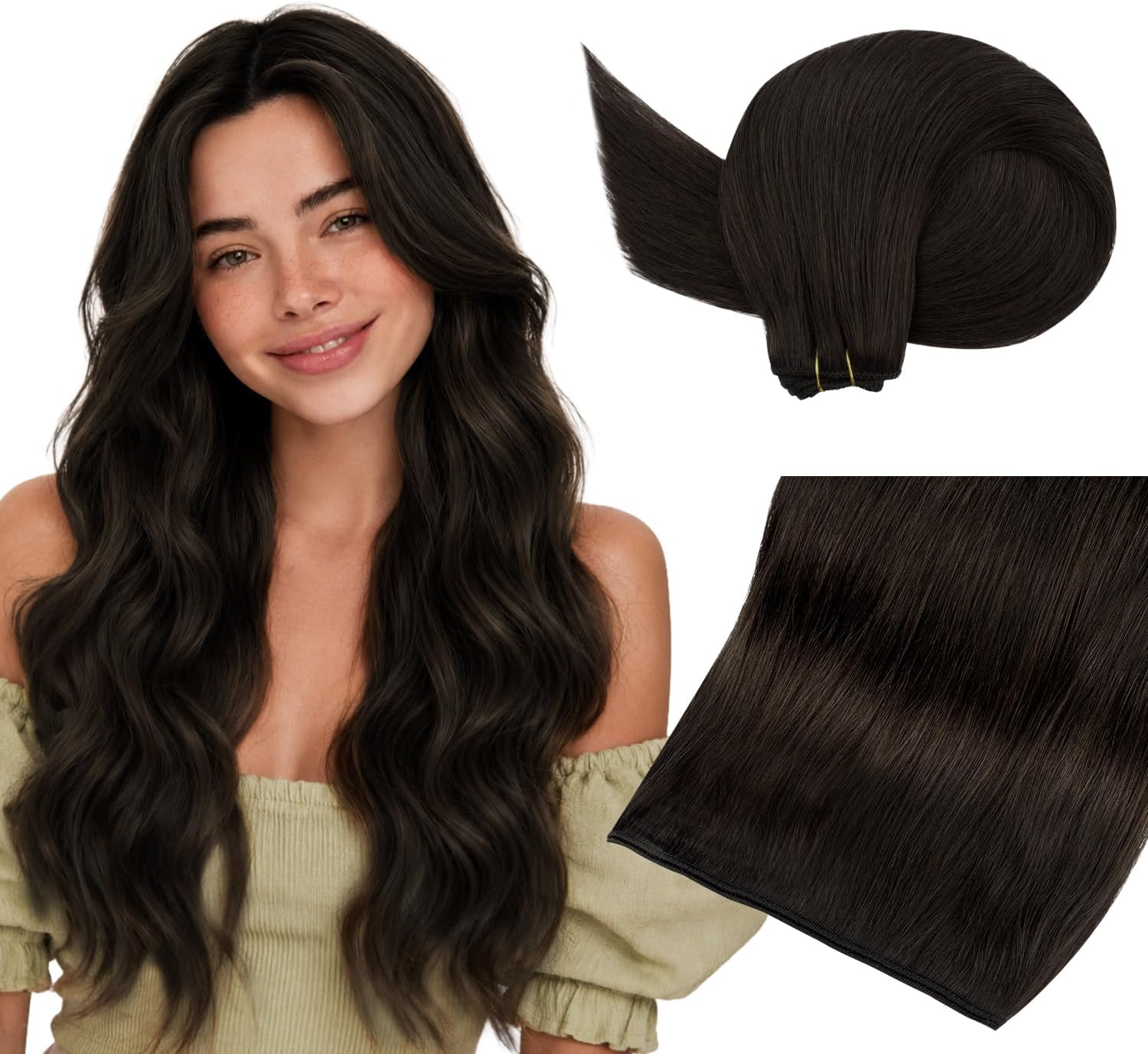 Detalle de HOTBANANA Extension a tessitura di veri capelli Remy, lisci castano scuro 50,8 cm – Treccia completa per la testa