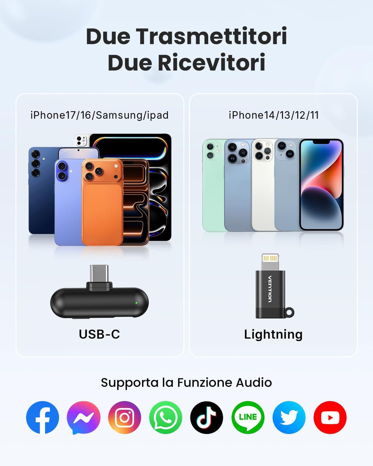 Thumbnail 5 de Vention mini microfono wireless per iPhone 17/16/15 Pro Max e Android (USB-C, Bluetooth, lavalier) con custodia di ricarica 24 ore
