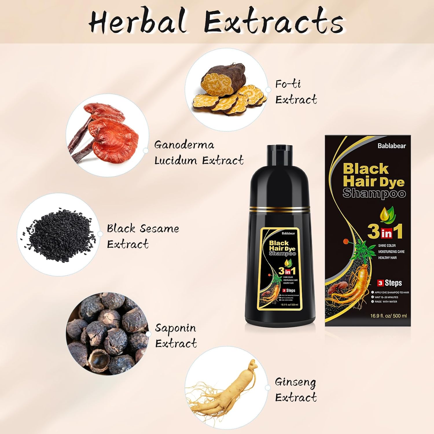 Detalle de Bablabear Black Hair Dye Shampoo 500ml ๐โ