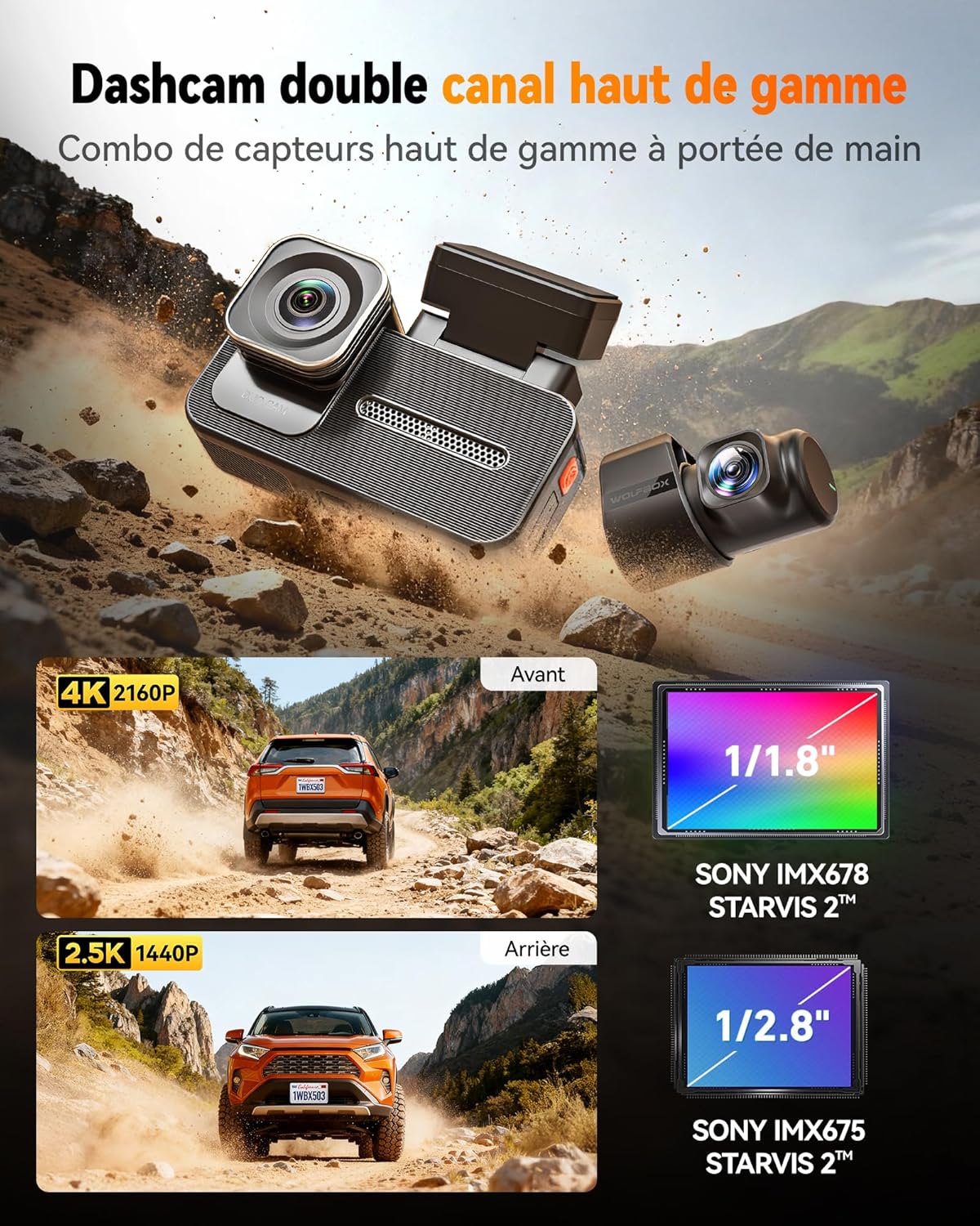 Thumbnail 1 de WOLFBOX Caméra embarquée X5 Duo 4K + 2,5K double voie avec anti-tremblement et GPS