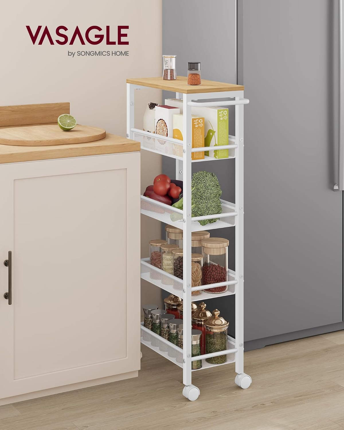 Detalle de VASAGLE Carrello a 5 ripiani LRC035W09 salvaspazio beige rovere e bianco con ruote