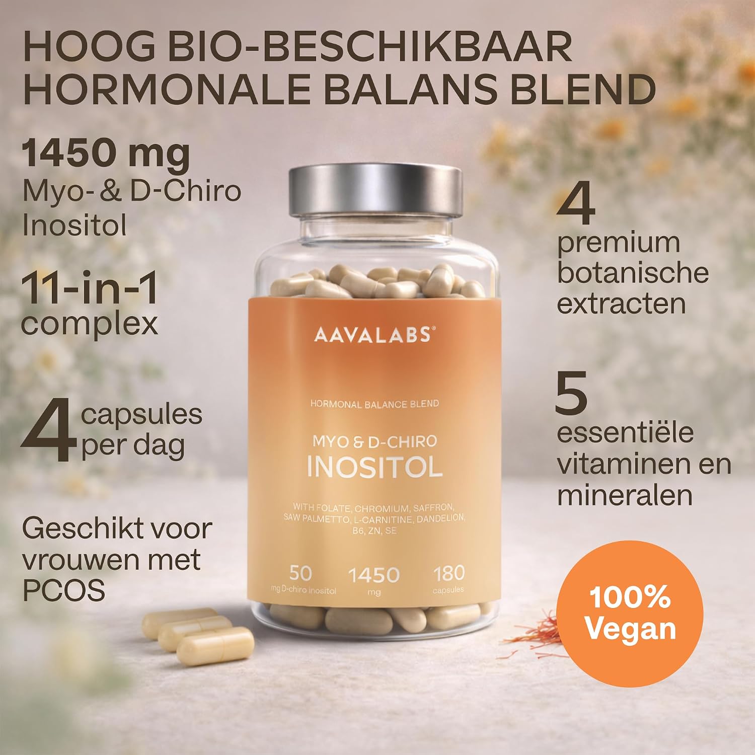 Detalle de AAVALABS Myo-Inositol & D-Chiro-Inositol capsules, 180 stuks, vegan