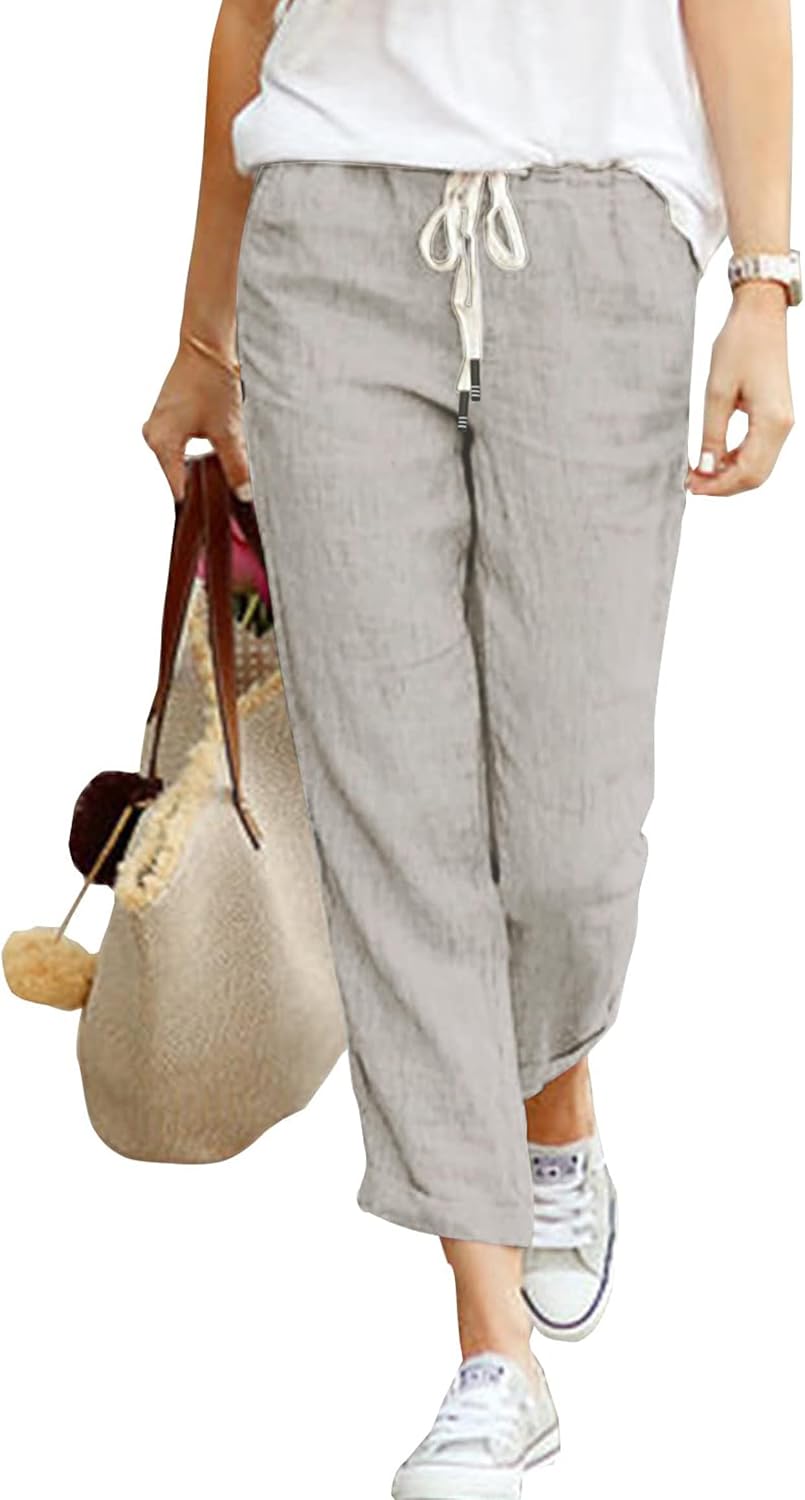 Detalle de Hose Damen Leinen Sommerhose 7/8 Casual mit elastischem Bund und Taschen (60% Leinen, 40% Viskose)