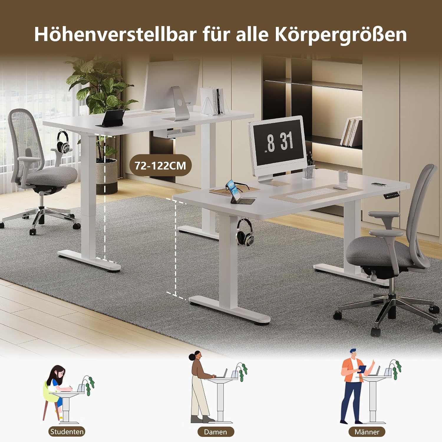 Thumbnail 6 de TRIUMPHKEY höhenverstellbarer Schreibtisch 160x80 cm elektrisch (Dualmotor, Touchscreen, USB‑A) – weiß