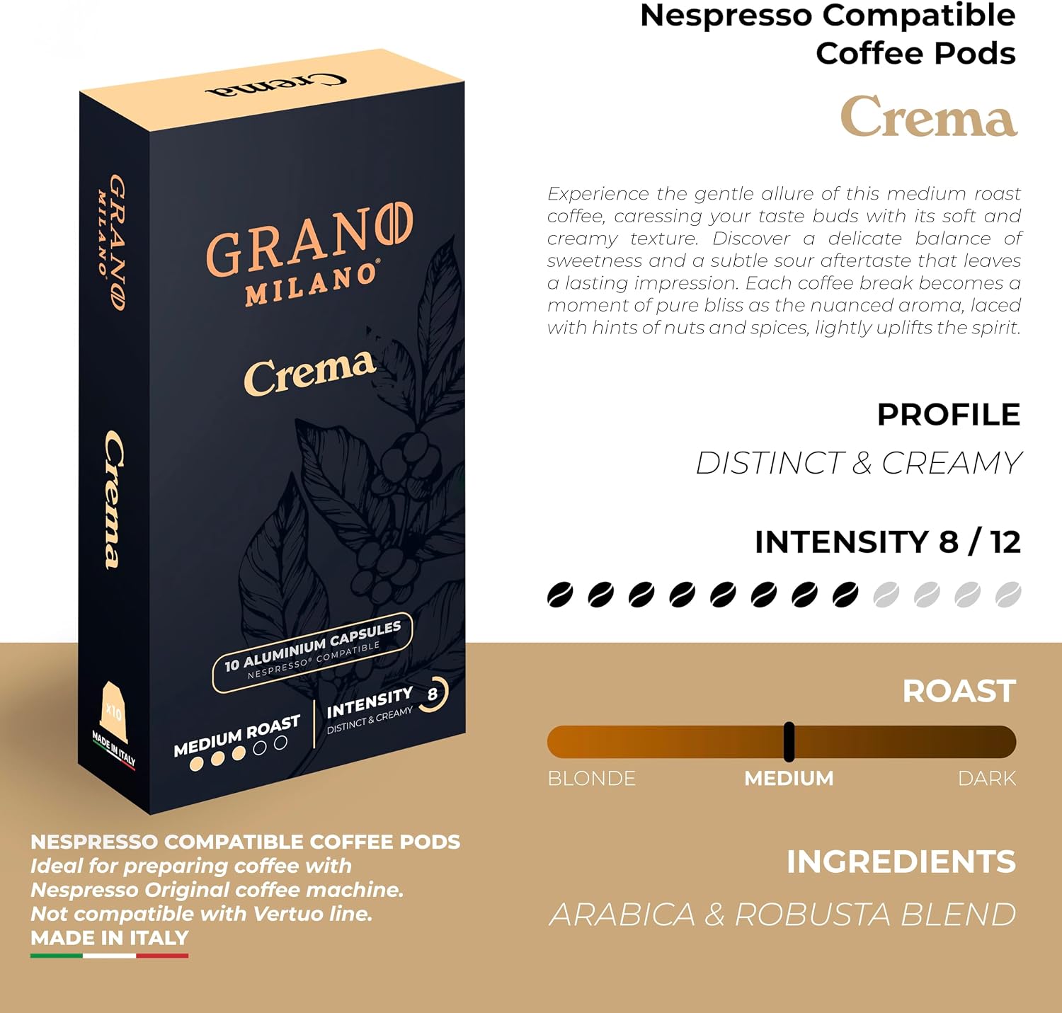 Thumbnail 1 de New Grano Milano Crema Coffee Capsules — 50 Aluminium Pods for Nespresso OriginalLine (Medium Roast, Intensity 8/12)