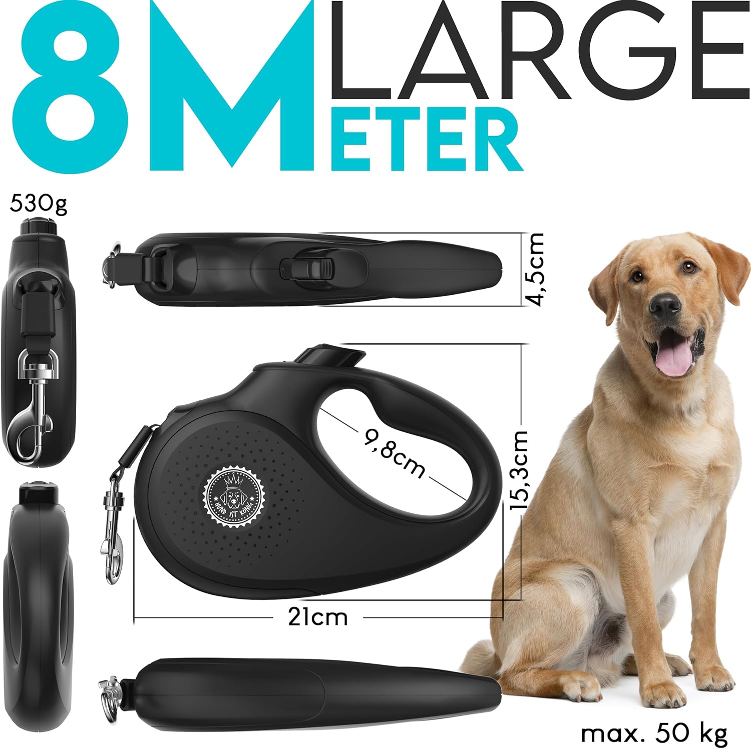 Detalle 2 de HUND IST KÖNIG Rollleine Hundeleine (ausziehbar, mit Brems-Stopp): 8 m für kleine & große Hunde bis 50 kg
