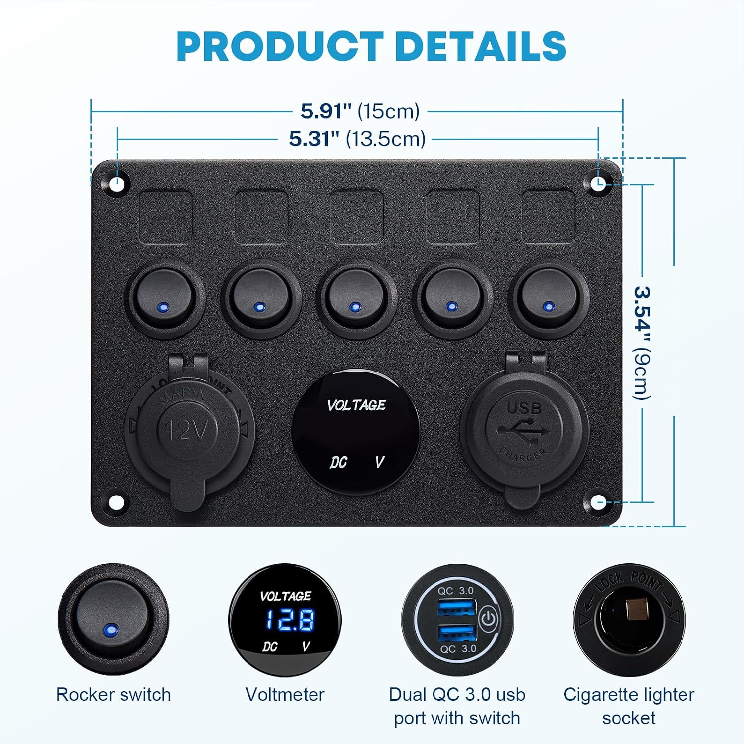 Detalle de Kohree 12V Schalterpanel 5-Gang mit IP65, Dual-USB (QC 3.0) und LED-Voltmeter
