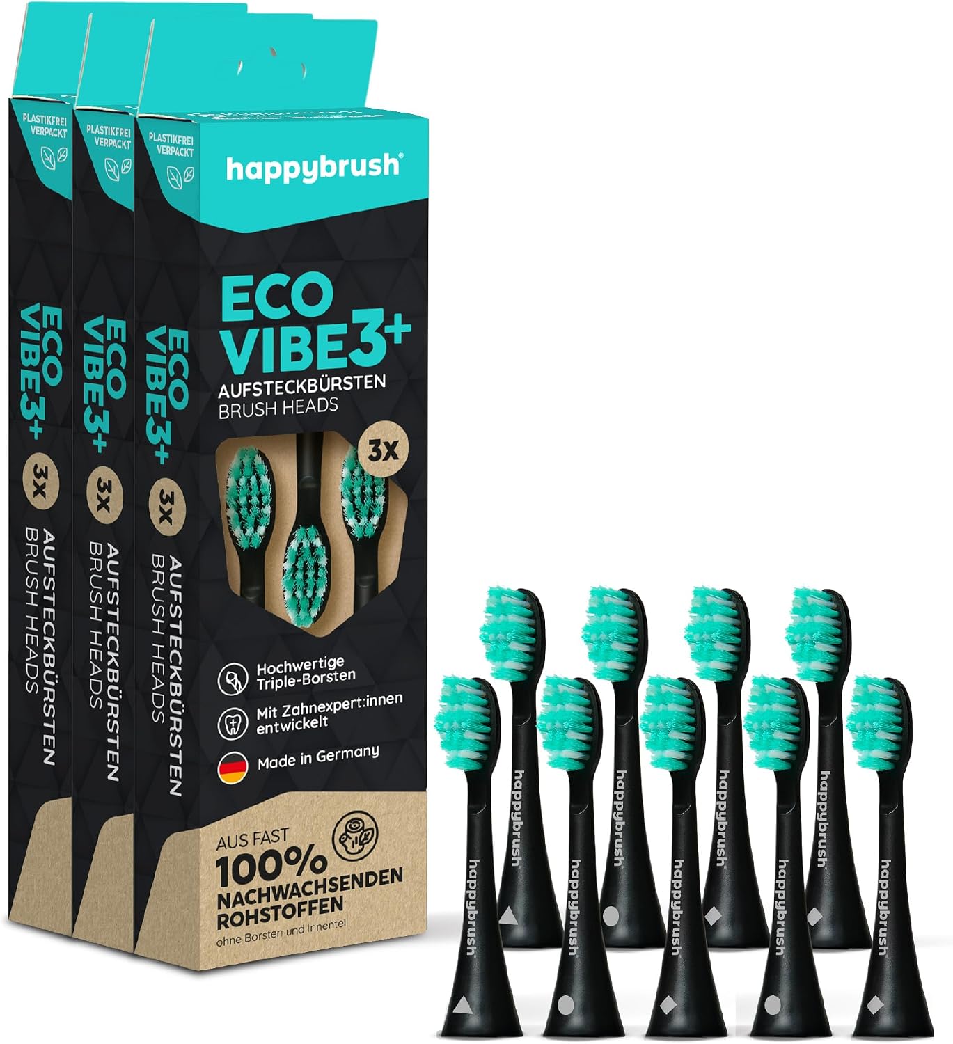 Detalle de happybrush Eco VIBE 3 Aufsteckbürsten 9er 🪥