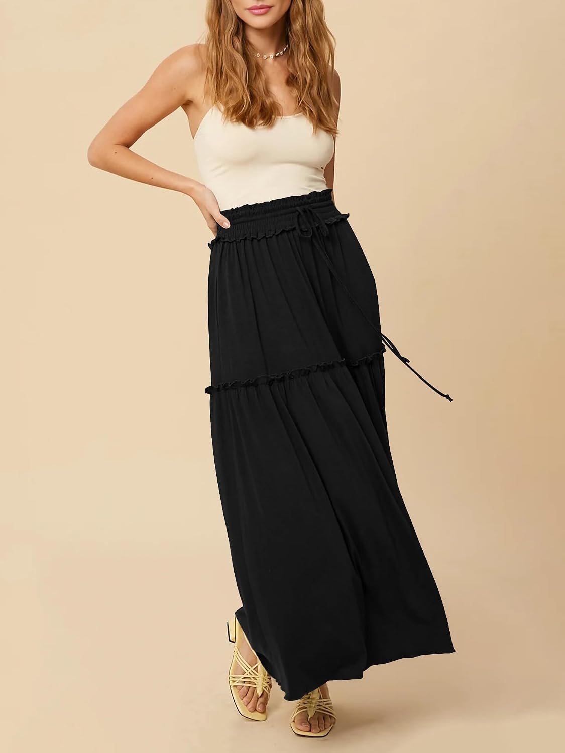 Detalle de MAYFASEY Women's Maxi Skirt with Elastic Waist and Pockets – Casual Boho A-Line Midi/Summer Skirt