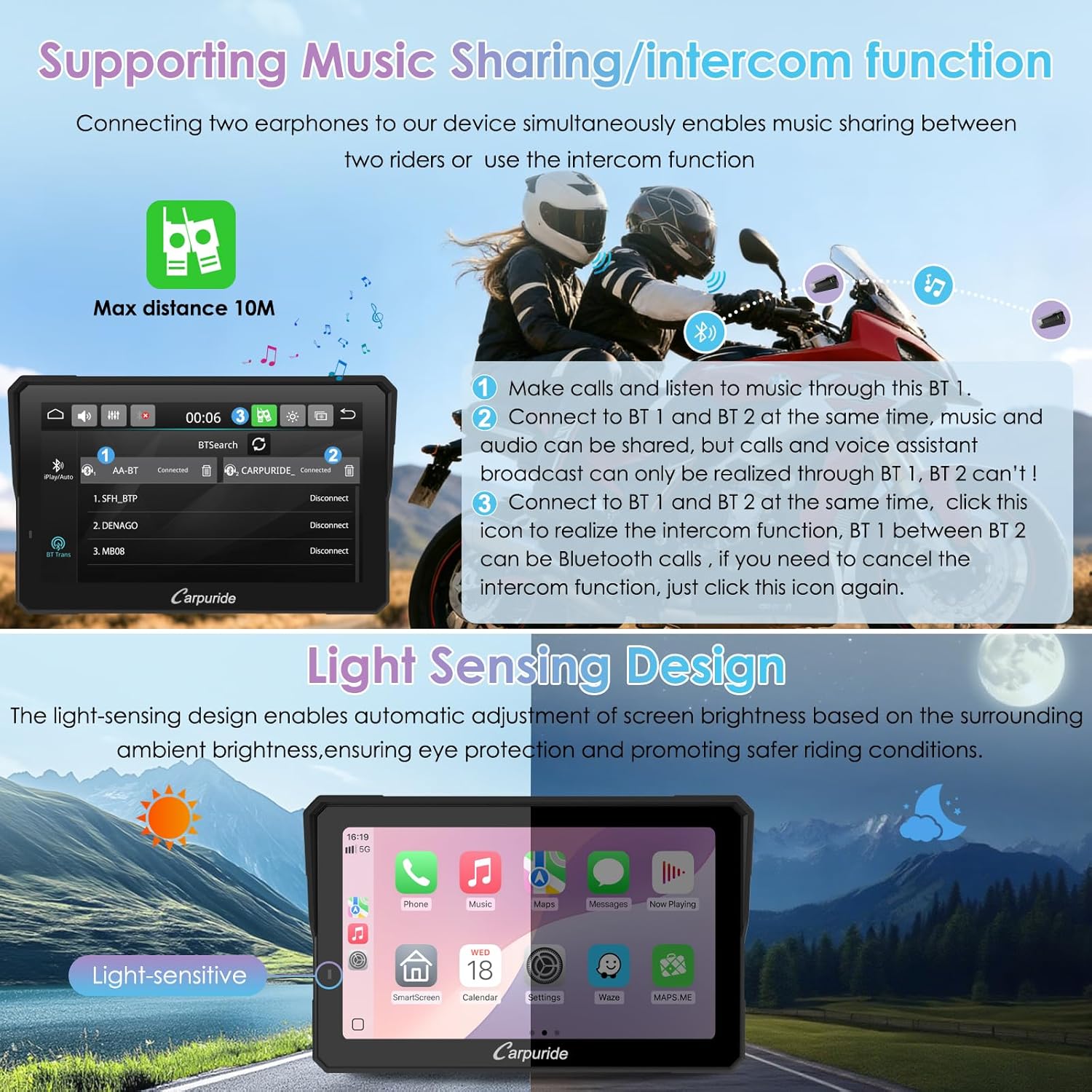 Thumbnail 5 de Carpuride W702RS Pro Motorcycle CarPlay Screen with BSD Radar and BM05 Mount