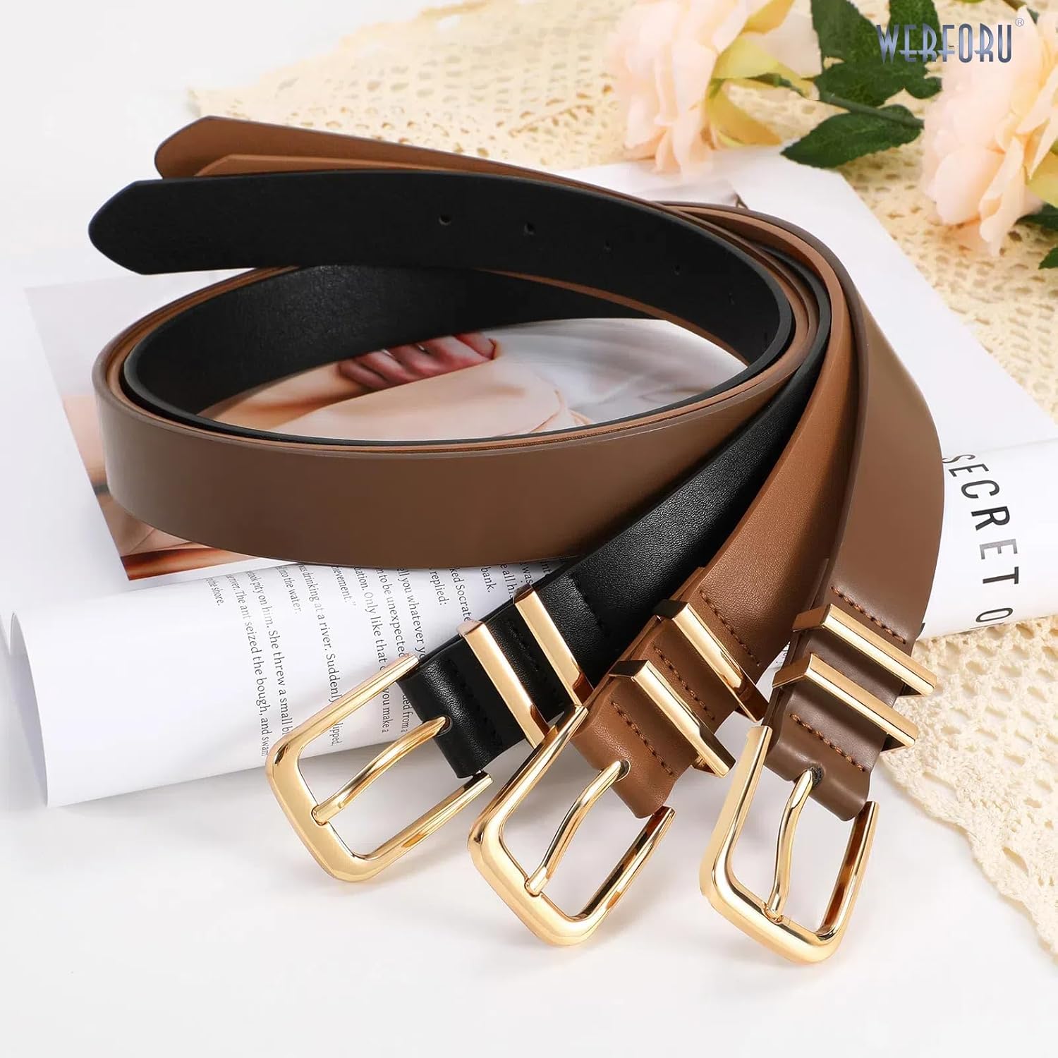 Detalle de WERFORU 3 Stück Damen Leder Gürtel – vielseitiges 3er-Set mit Kunstleder, goldener Schnalle