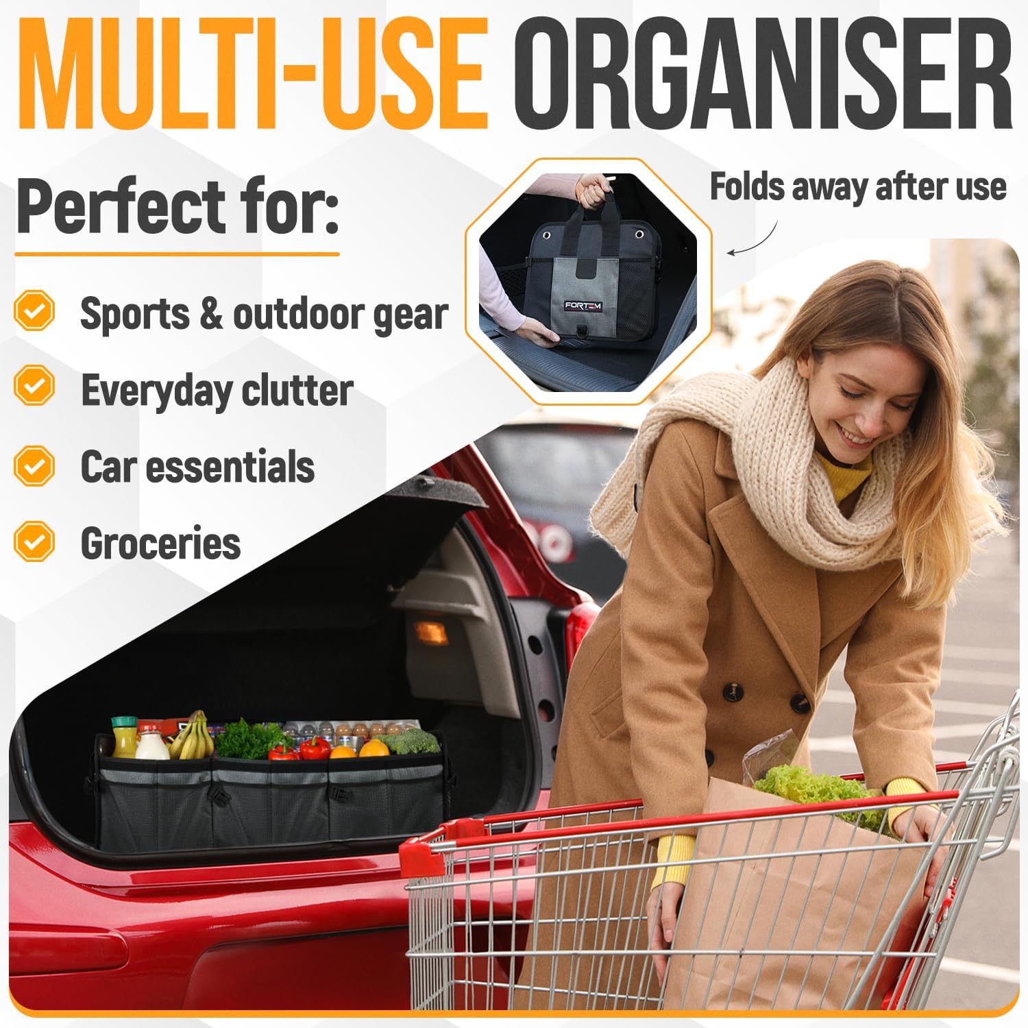 Detalle de Fortem Car Boot Organiser (Collapsible Multi-Compartment, 90L) for SUV Trunk Storage
