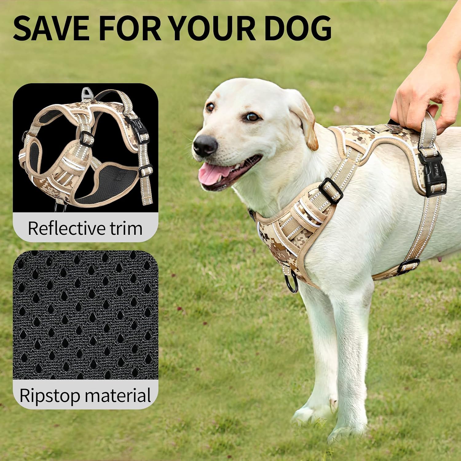 Detalle 2 de HEELE Dog Harness No Pull Adjustable Padded Reflective Harness with Handle (Camouflage, Camo Tan) – Size M