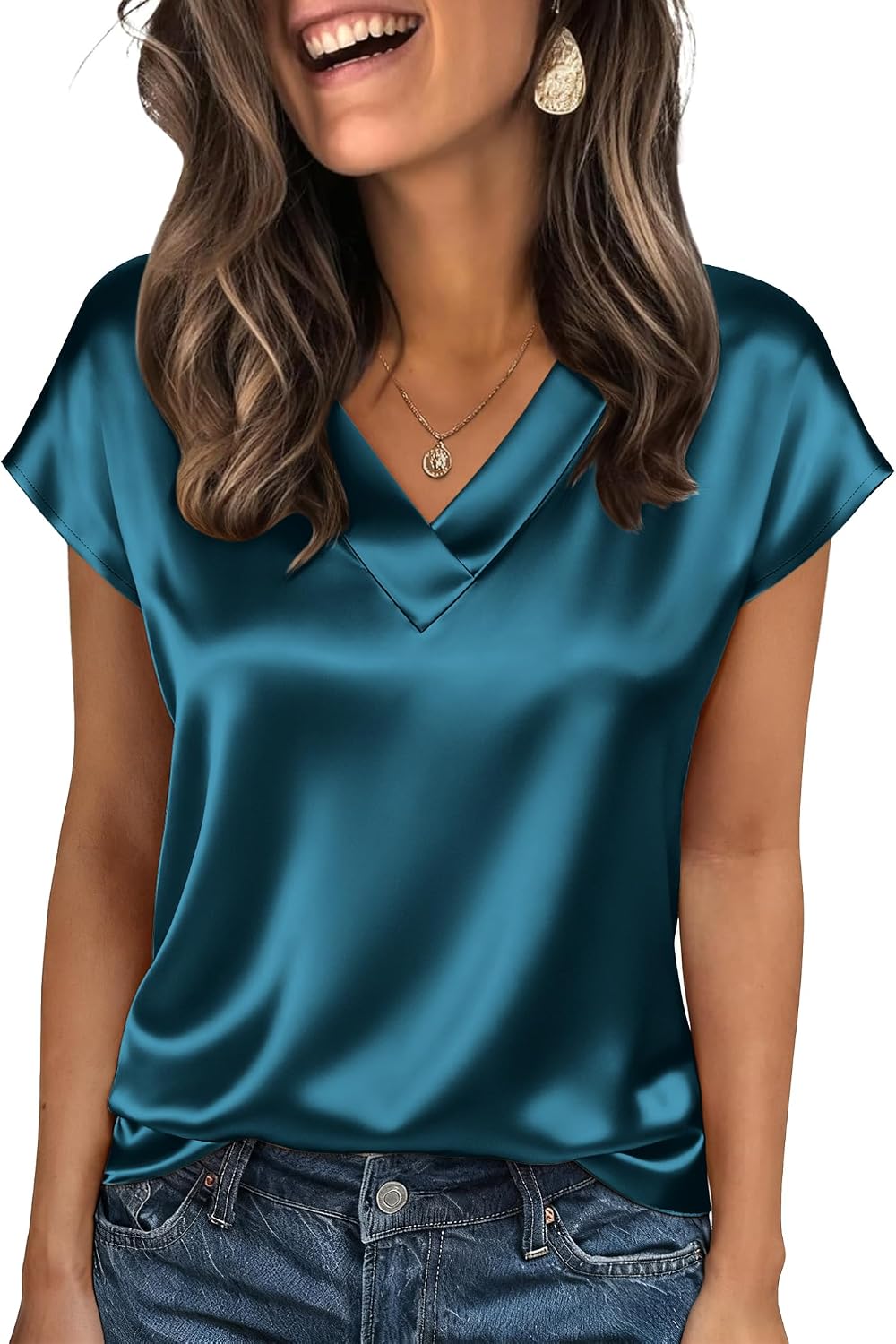 Detalle de Zeagoo Women’s Silk Satin Cap Sleeve V-Neck Top (Short Sleeve Blouse) for Business Casual, S–2XL