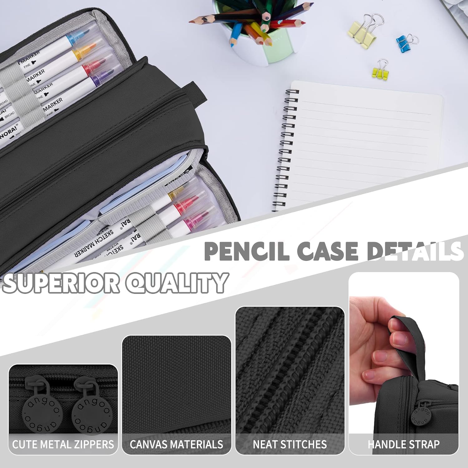 Detalle de Howala Large Capacity Pencil Case with 4 Compartments (Black canvas pouch)
