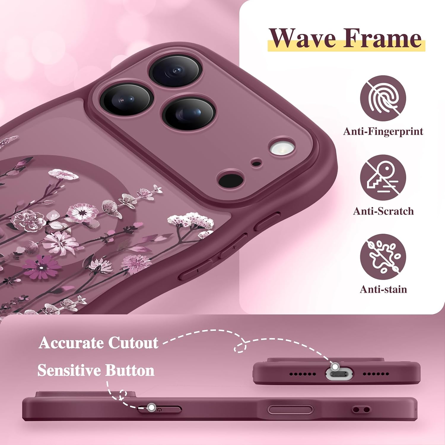Detalle 2 de GVIEWIN Floral Translucent MagSafe Case for iPhone 17 Pro Max (Curly Wave Edge) – Full Camera Protection