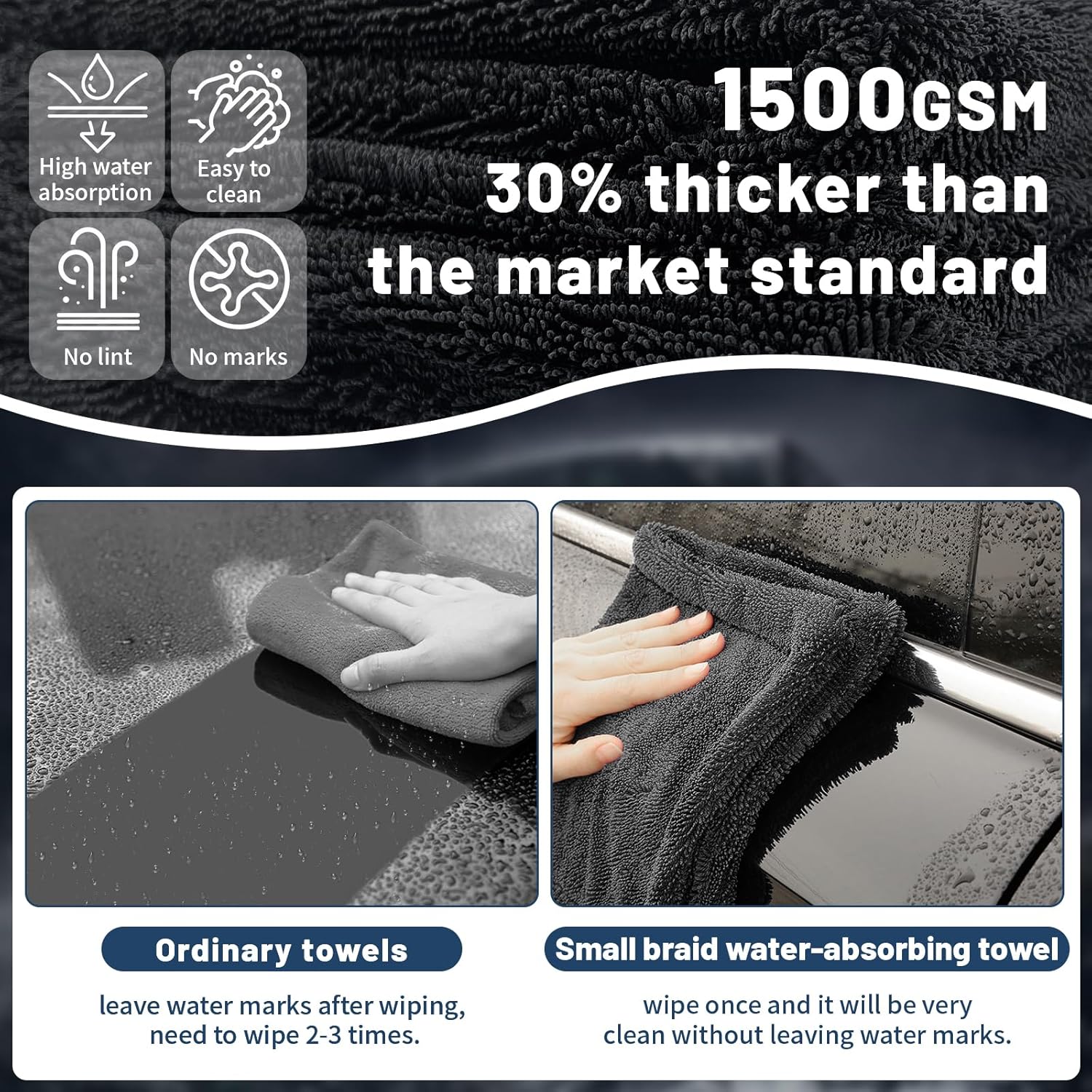 Thumbnail 1 de Ghguole 2pcs 90 × 70cm Car Drying Towel – Extra Large, 1500GSM, Double-Sided Microfibre for Fast, Lint-Free Drying