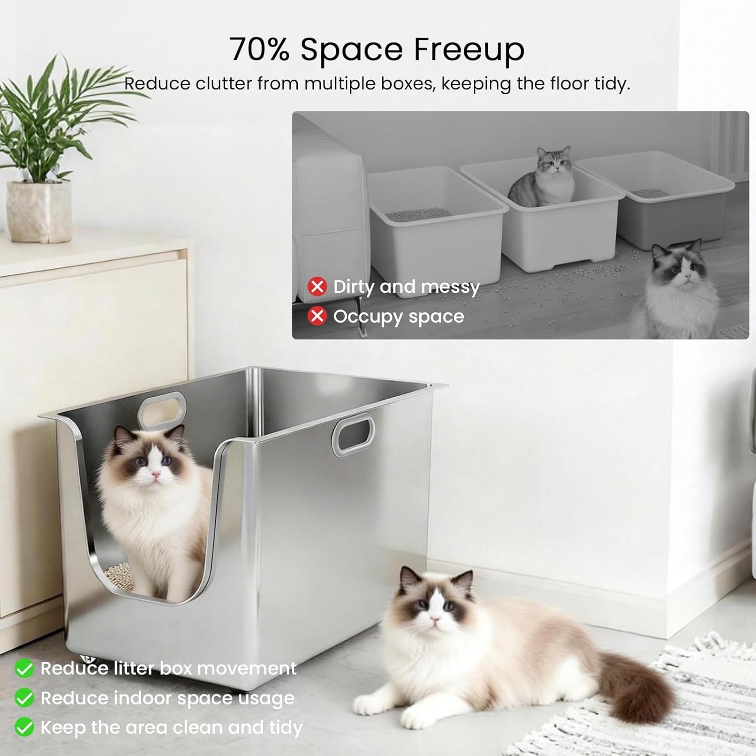 Thumbnail 6 de PTLOM Lebensmittelechtes Edelstahl Katzenklo XXXL mit 35 cm hohen Rändern (35 cm) – auslaufsicher & niedriger Einstieg