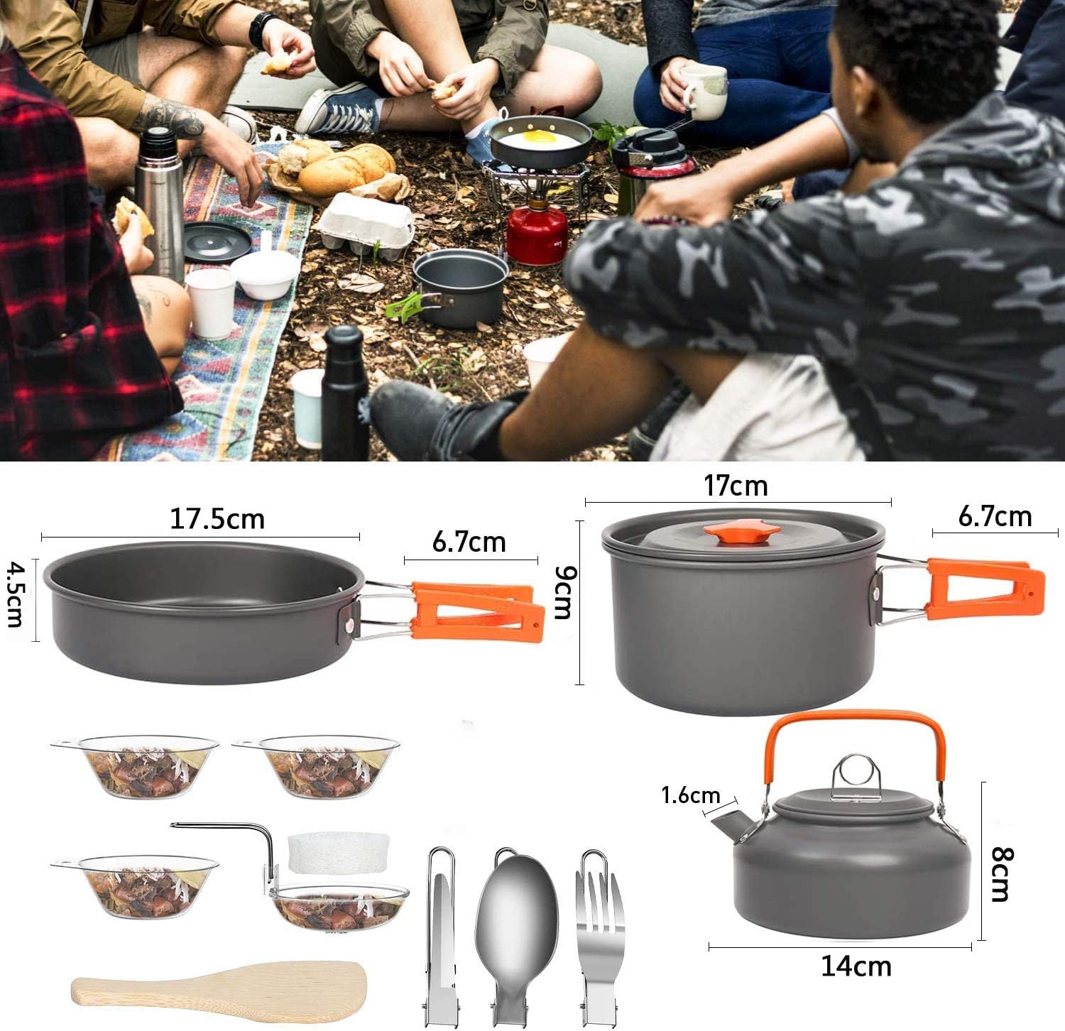 Detalle de Aandyou Camping Cookware Kit (13-piece) for 2–3 people: non-stick pot, pan & 0.8 L kettle
