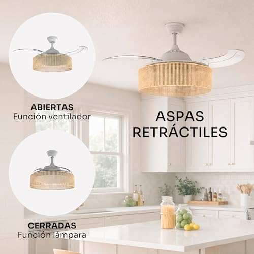 Detalle de Mellerware Brizy Bright: ventilador de techo con luz y lámpara bronce rattan sand, 3 aspas, 106 cm