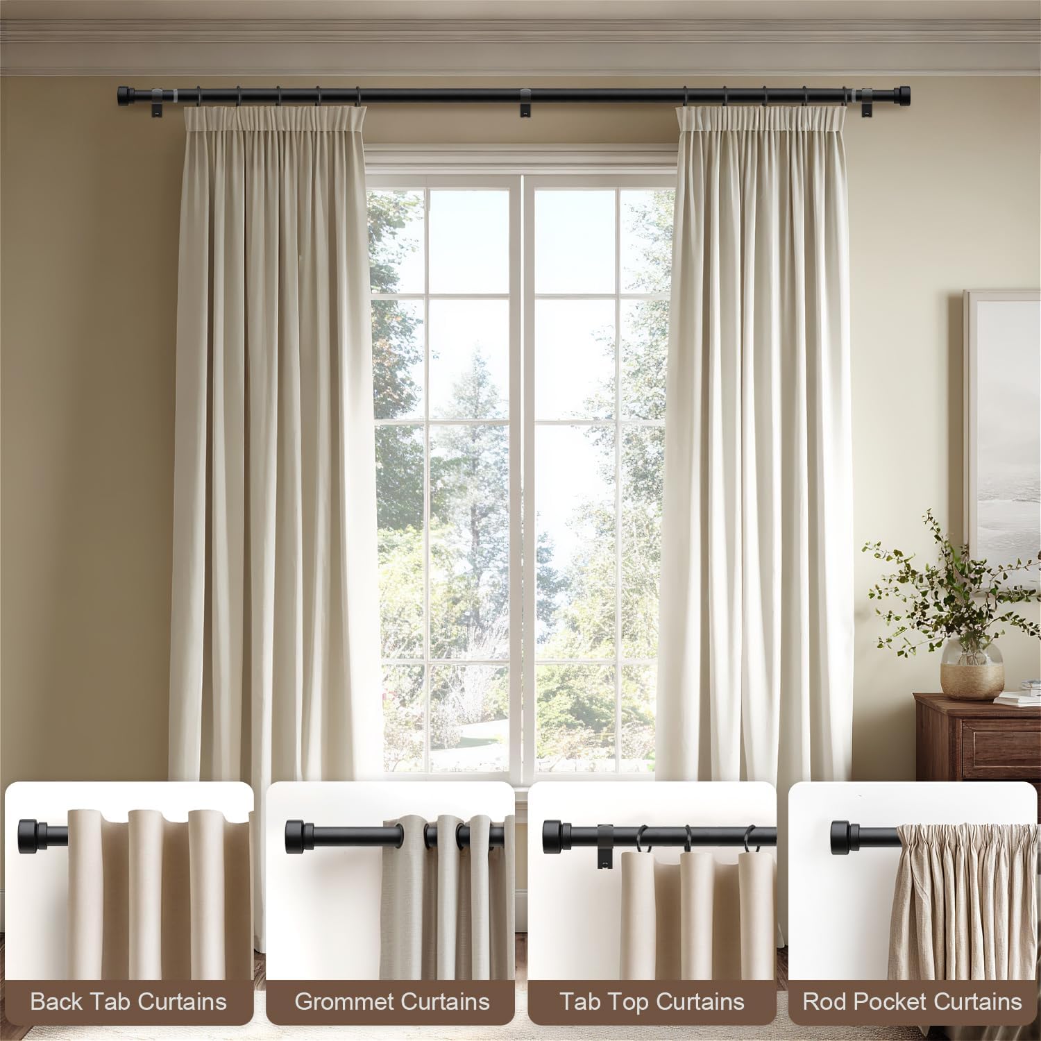 Detalle de Lootkell Matte Black Curtain Rod, Adjustable 32–144 in., 1-Inch Iron