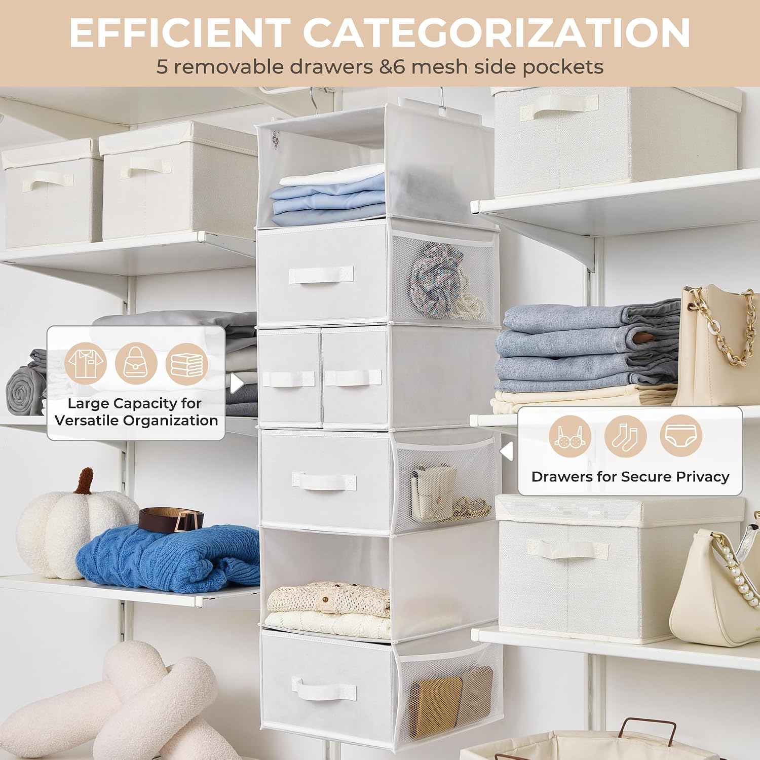 Detalle 2 de GRANNY SAYS GS4006 Hanging Closet Organizer, 6 Shelves, 5 Drawers, White
