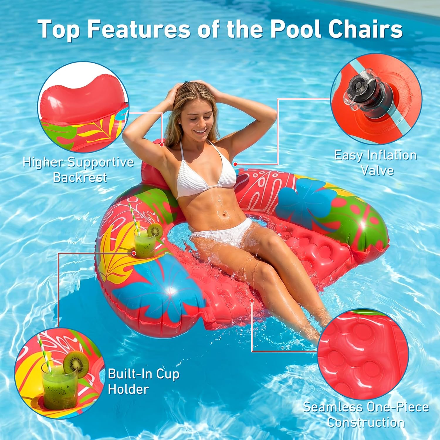Detalle de SEETOHOME 3-Pack Inflatable Pool Float Chairs with Cup Holders – Adults