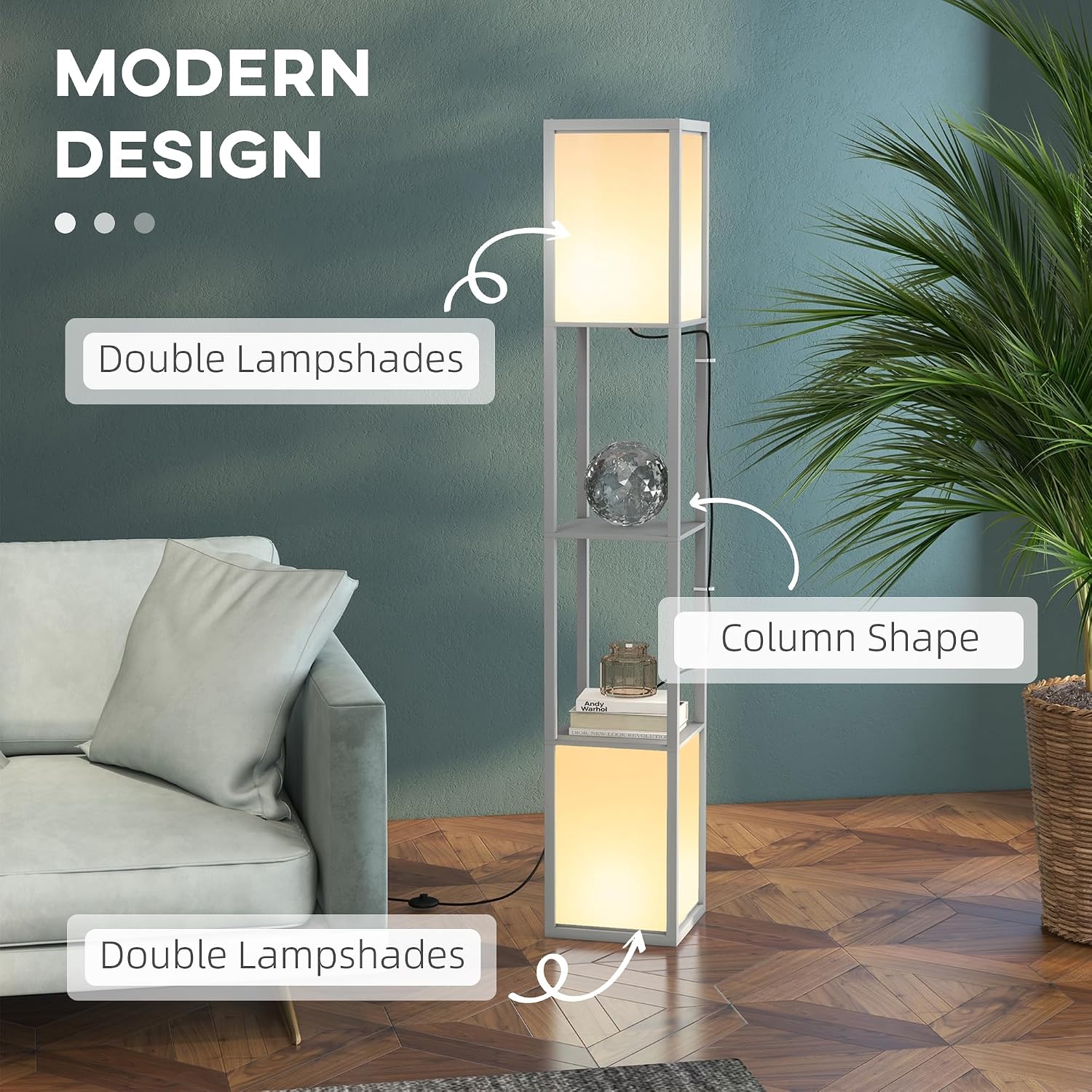 Detalle de HOMCOM B31-331V70LG 3-Tier Floor Lamp with Shelves, Light Grey