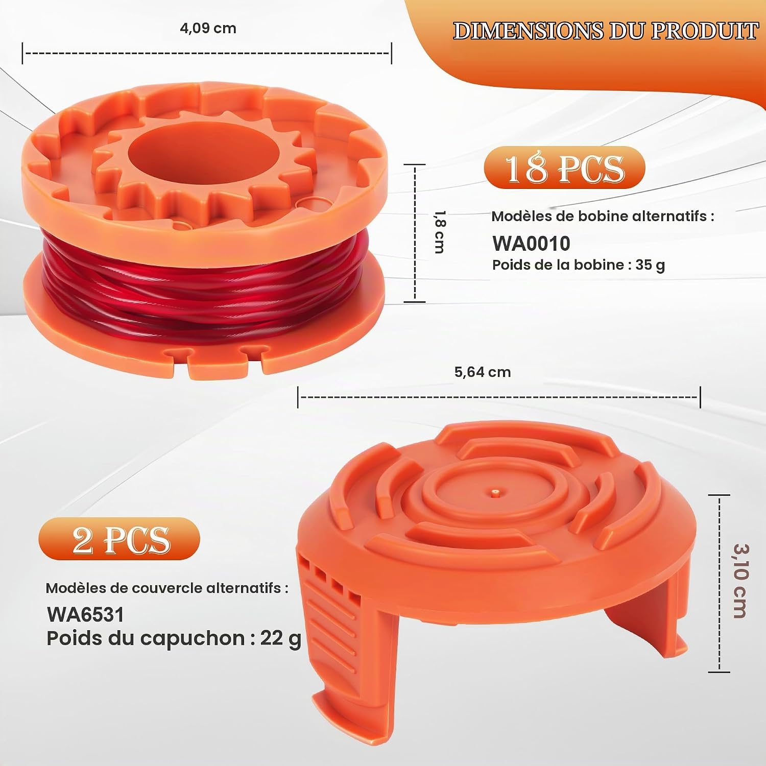 Detalle de 18 vervangspoelen voor Worx-grastrimmers, 1,65 mm × 3 m, met 2 kapjes