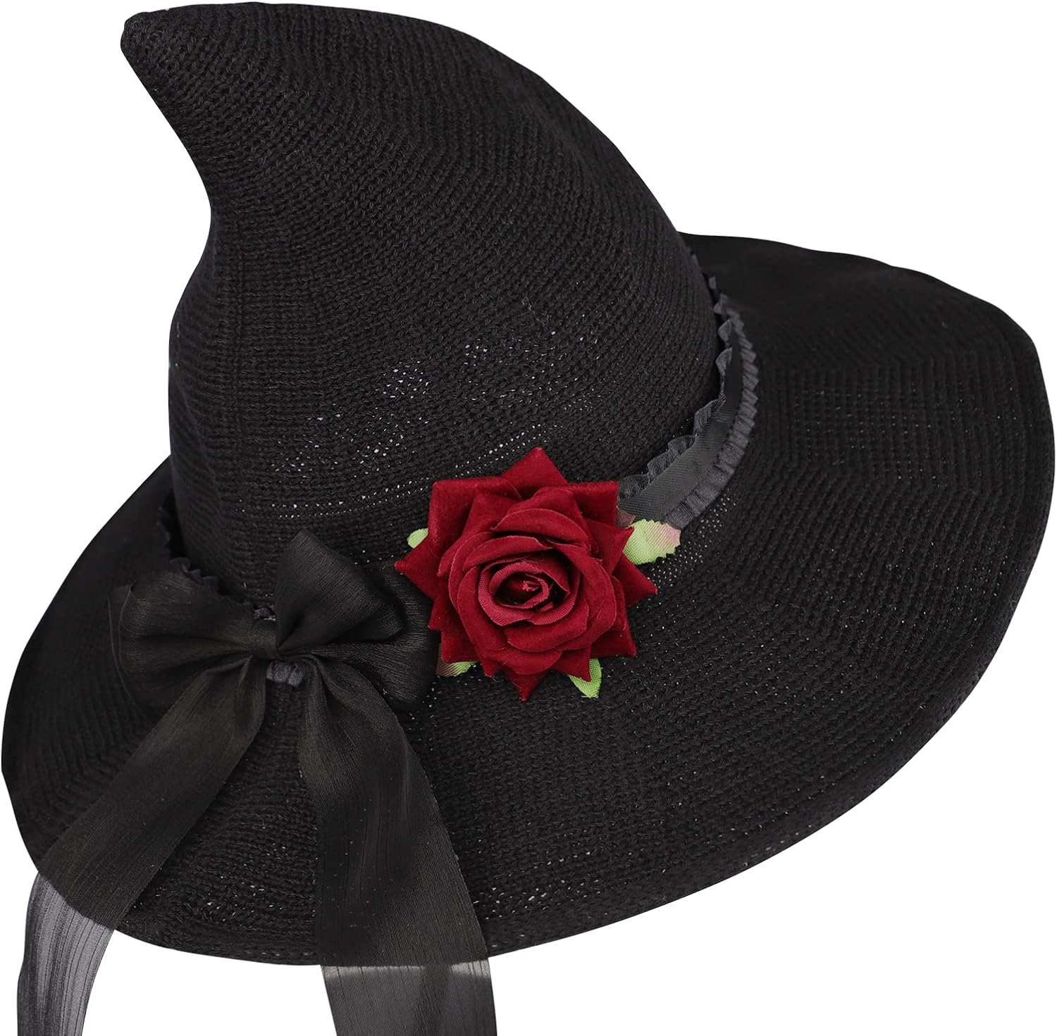Detalle de HKSICHENGKEJIUK Halloween Witch Hat with Rose Bow – Women Wide Brim Costume Accessory