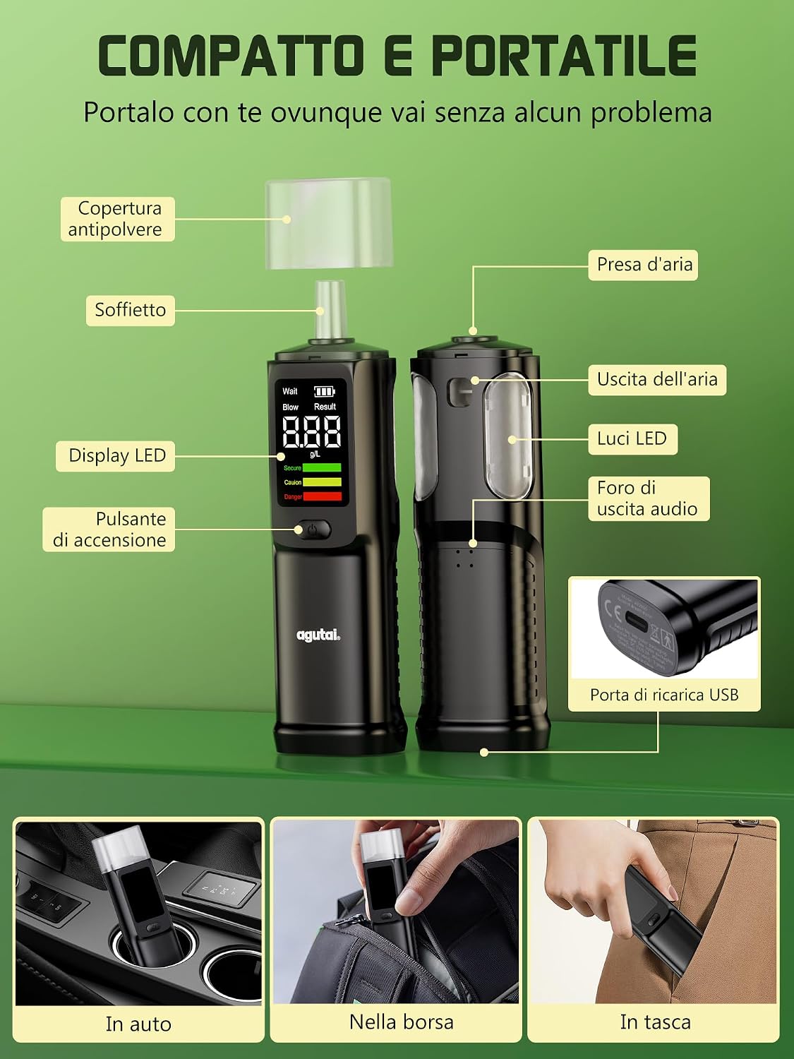 Thumbnail 6 de Etilometro Portatile Certificato Alcol Test – professionale USB‑C ricaricabile con Display LCD
