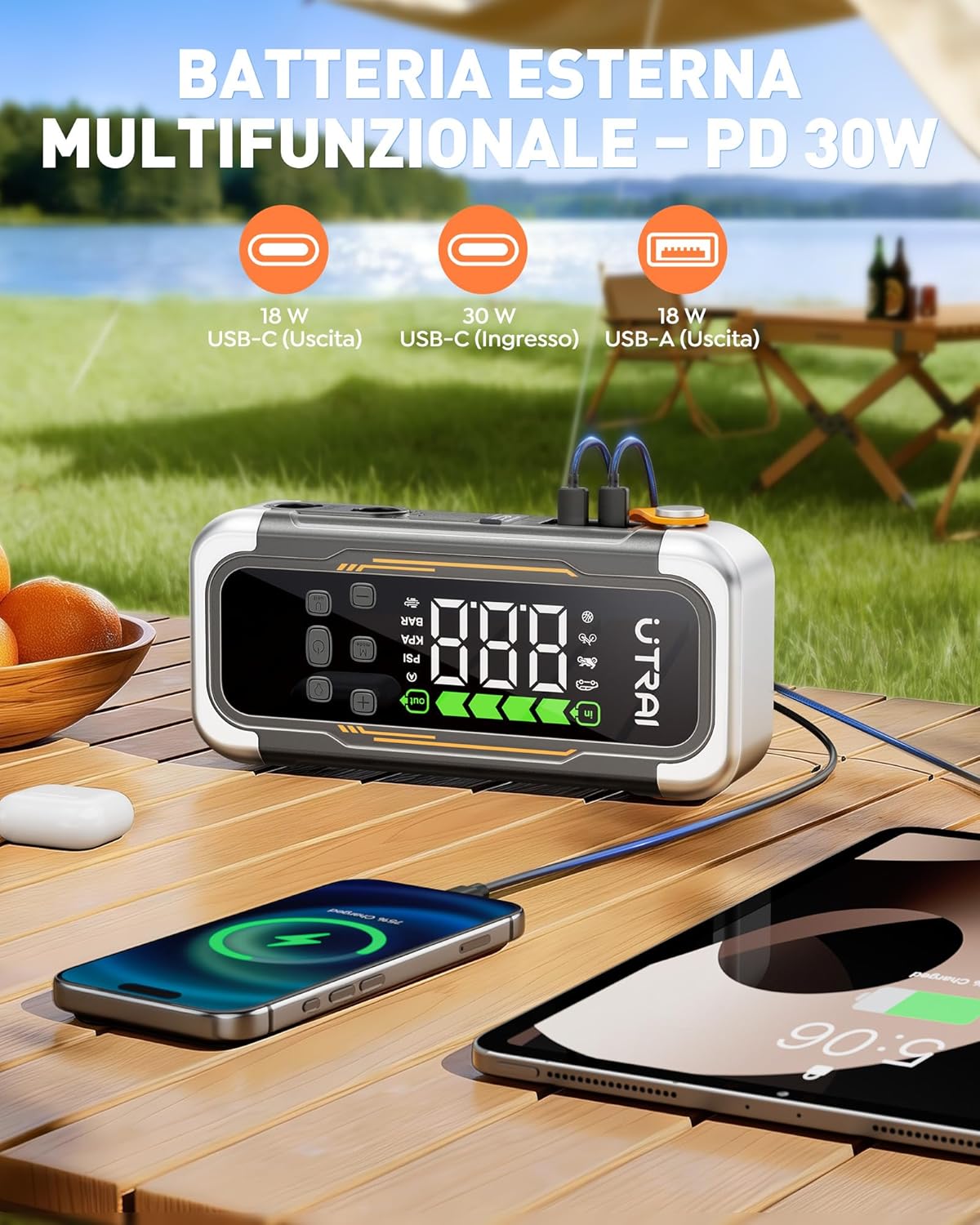 Detalle de UTRAI 7000A Booster Avviatore Auto con Compressore & Soffiatore d'aria, 12V, Power Bank PD30W e Torcia LED
