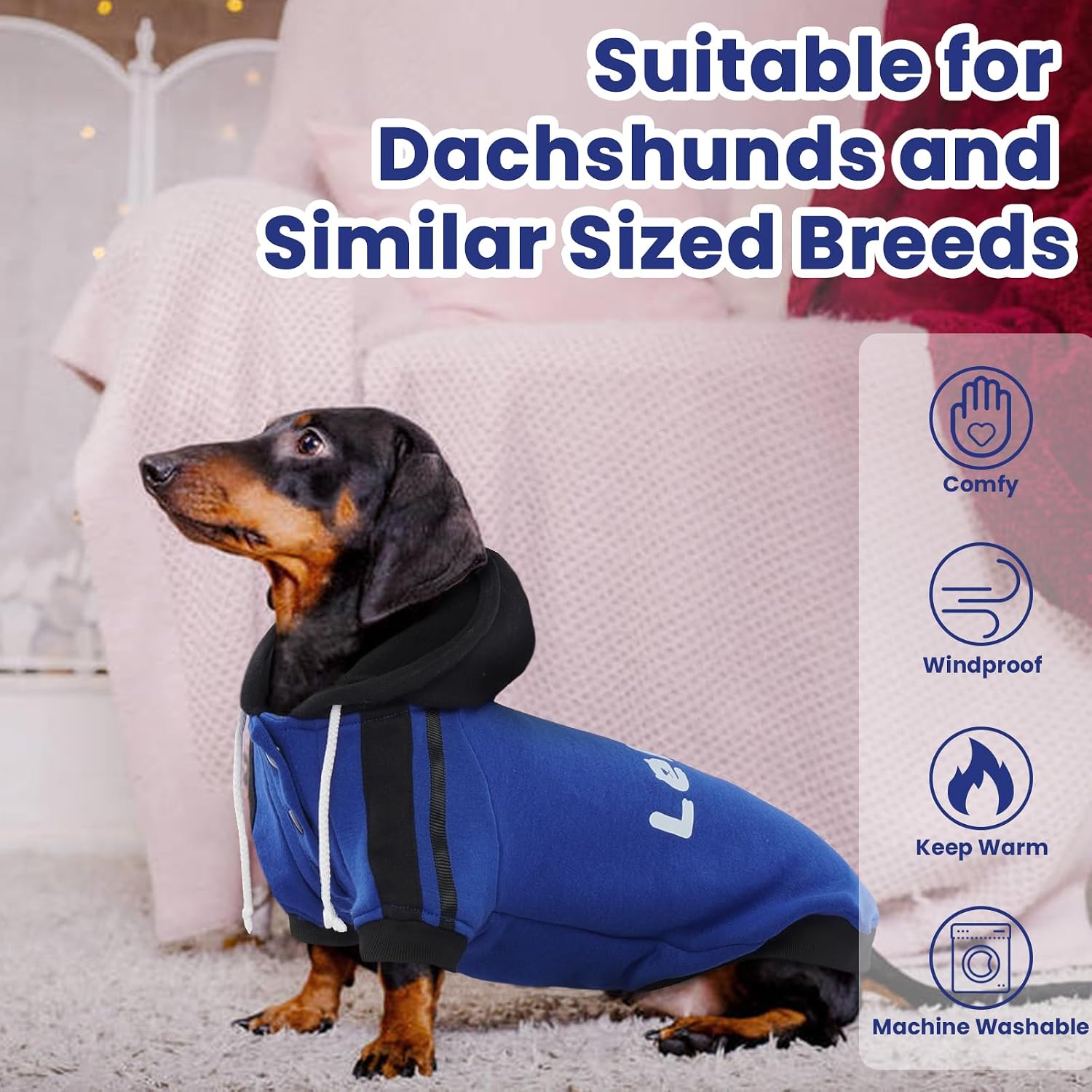 Detalle 2 de LeLePet Dachshund Hoodie (Puppy Sweatshirt) in Blue, Cotton Fleece Dog Jumper with Lelepet Print