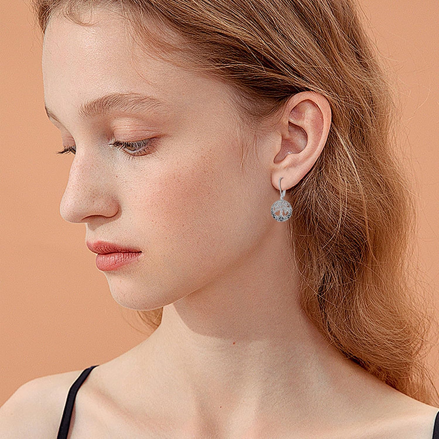 Detalle 2 de Micory Damen hängende Ohrringe aus 925 Sterling Silber mit Lebensbaum-Design (32 × 15 mm)