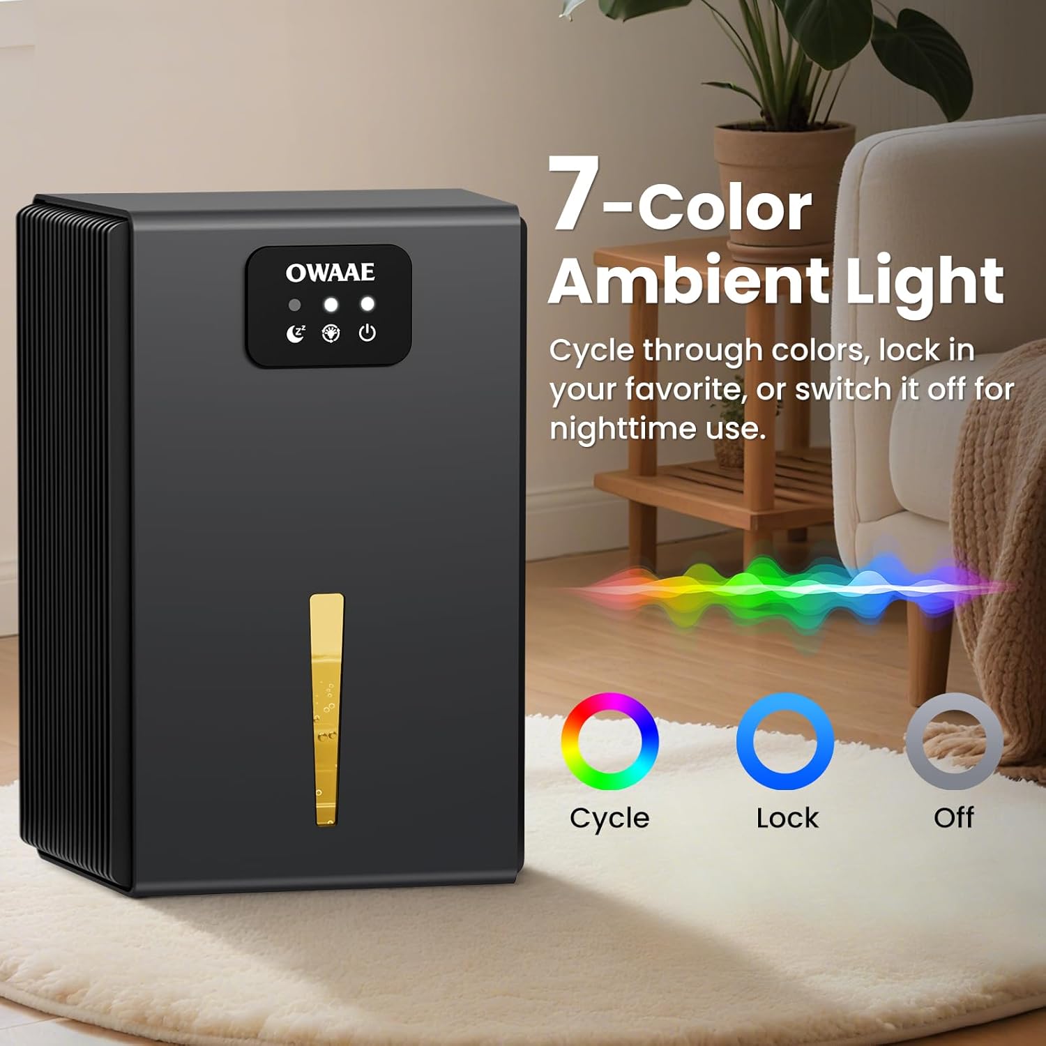 Detalle 2 de OWAAE Dehumidifier: Quiet, 1000 sq.ft Moisture Control with 95oz Tank and Ambient LED