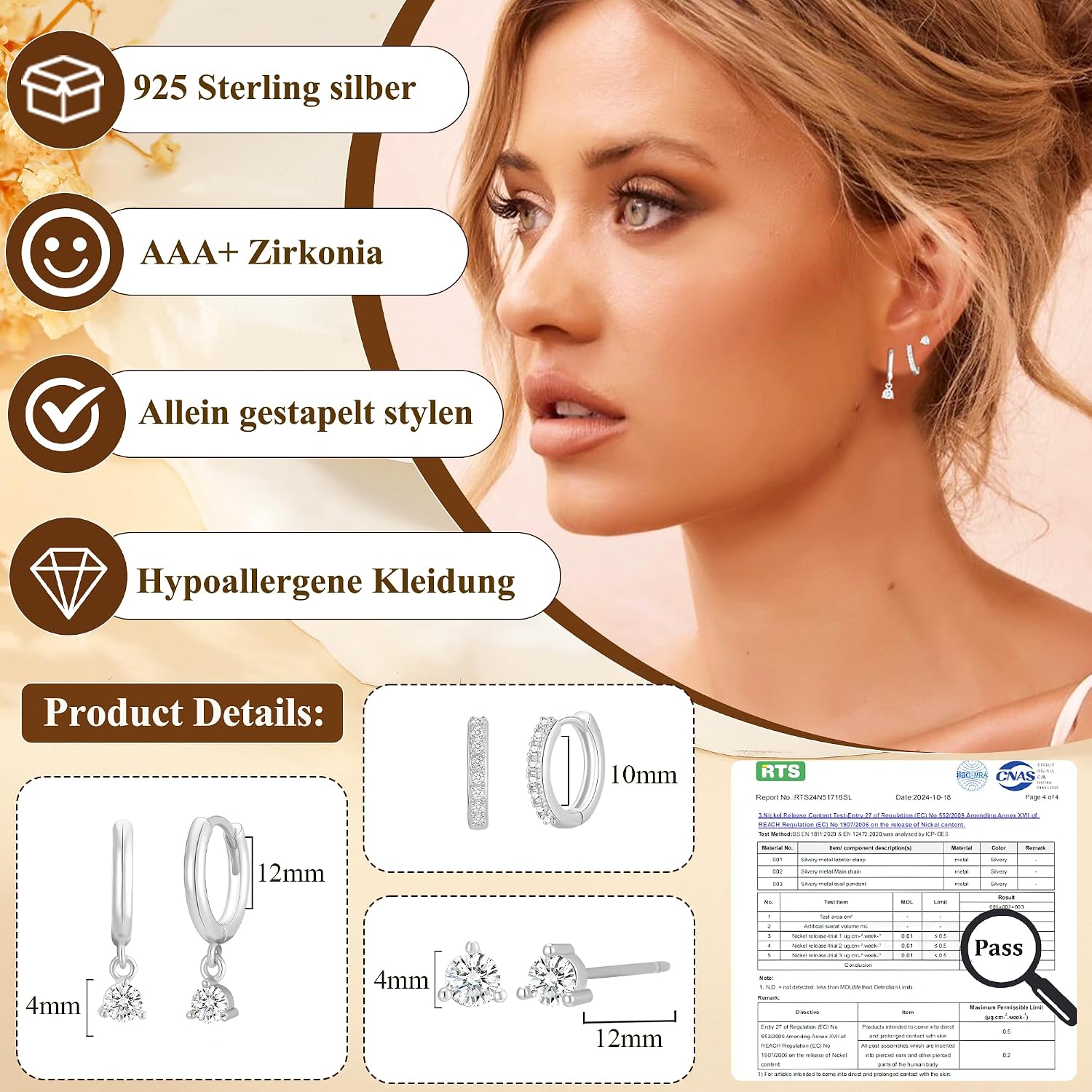 Detalle 2 de AVOTTO 3 Paar Ohrringe Ohrstecker Silber 925 – hypoallergene Huggie Ohrringe mit Zirkonia