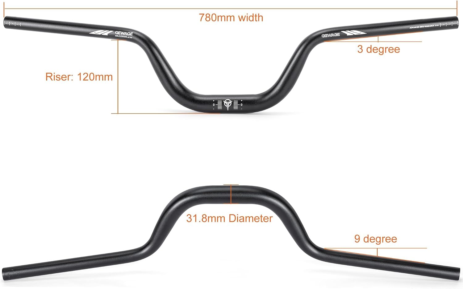 Detalle de GEWAGE fietsstuur 780 mm van 6061-aluminium, 12° backsweep, 31,8 mm